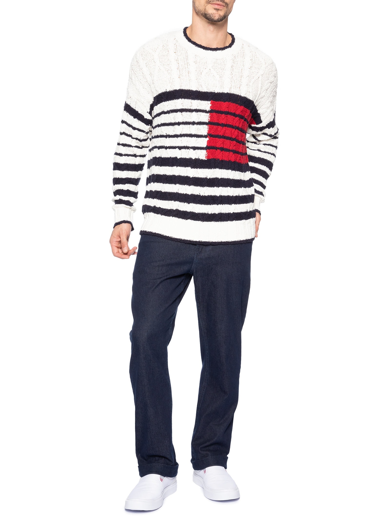 Suéter Masculino Breton Flag Tricot Trançado Branco Tommy Hilfiger