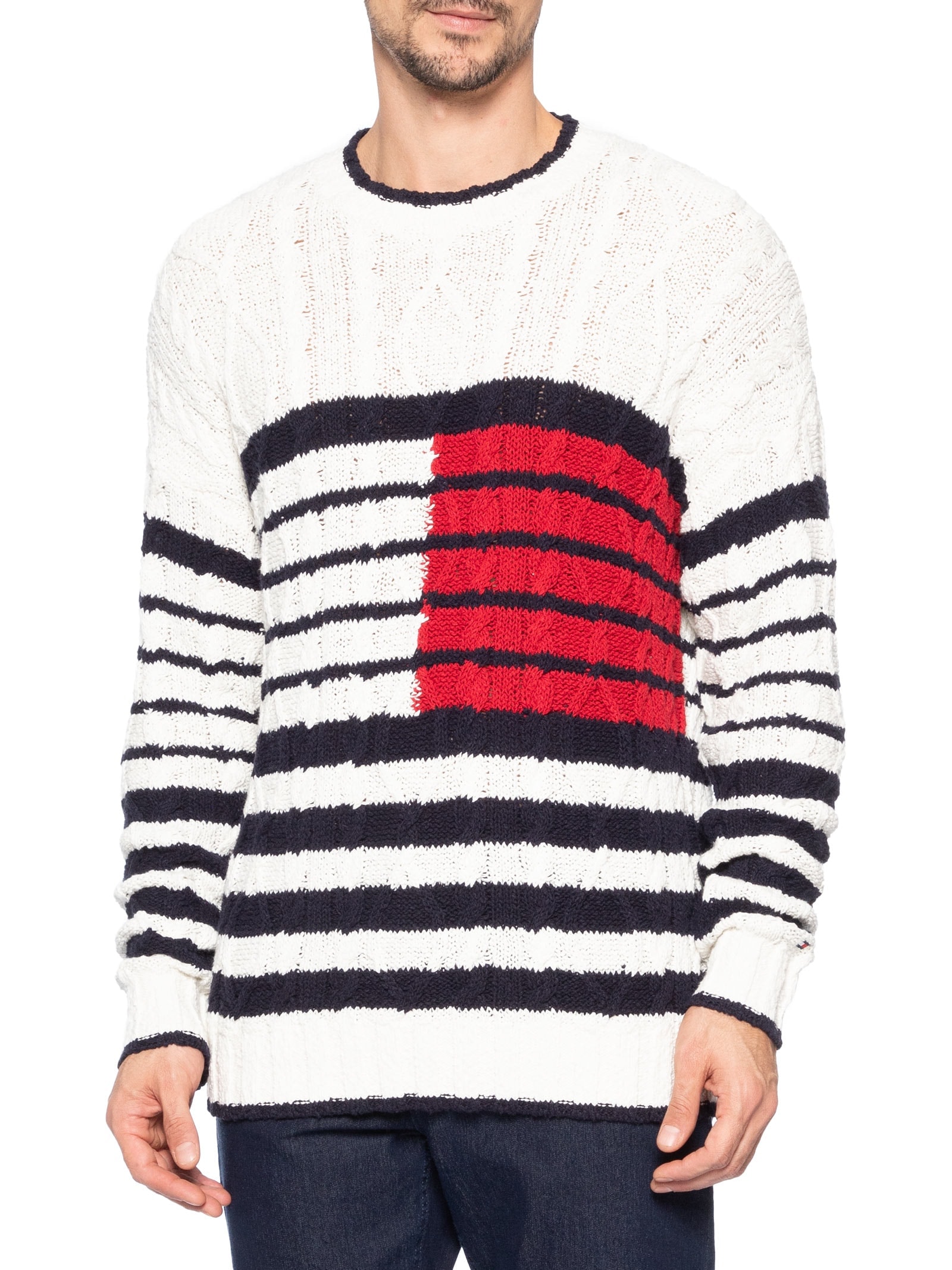 Suéter Masculino Breton Flag Tricot Trançado Branco Tommy Hilfiger