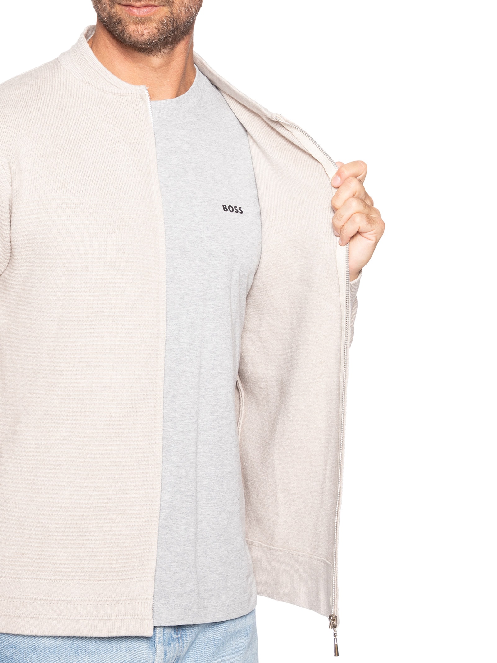 Suéter Masculino Com Zíper Texturizado – Bege '2 Essential