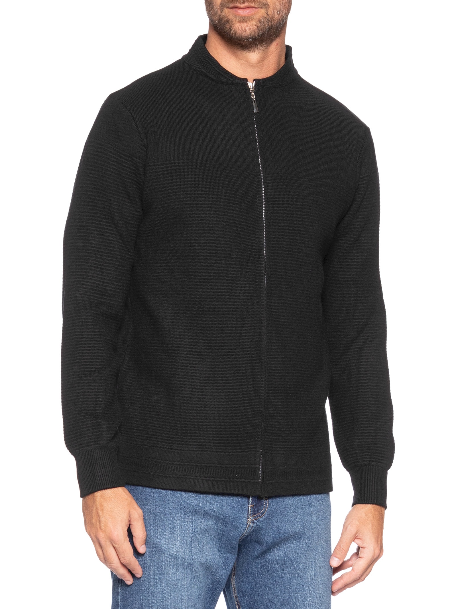 Suéter Masculino Com Zíper Texturizado – Preto '2 Essential