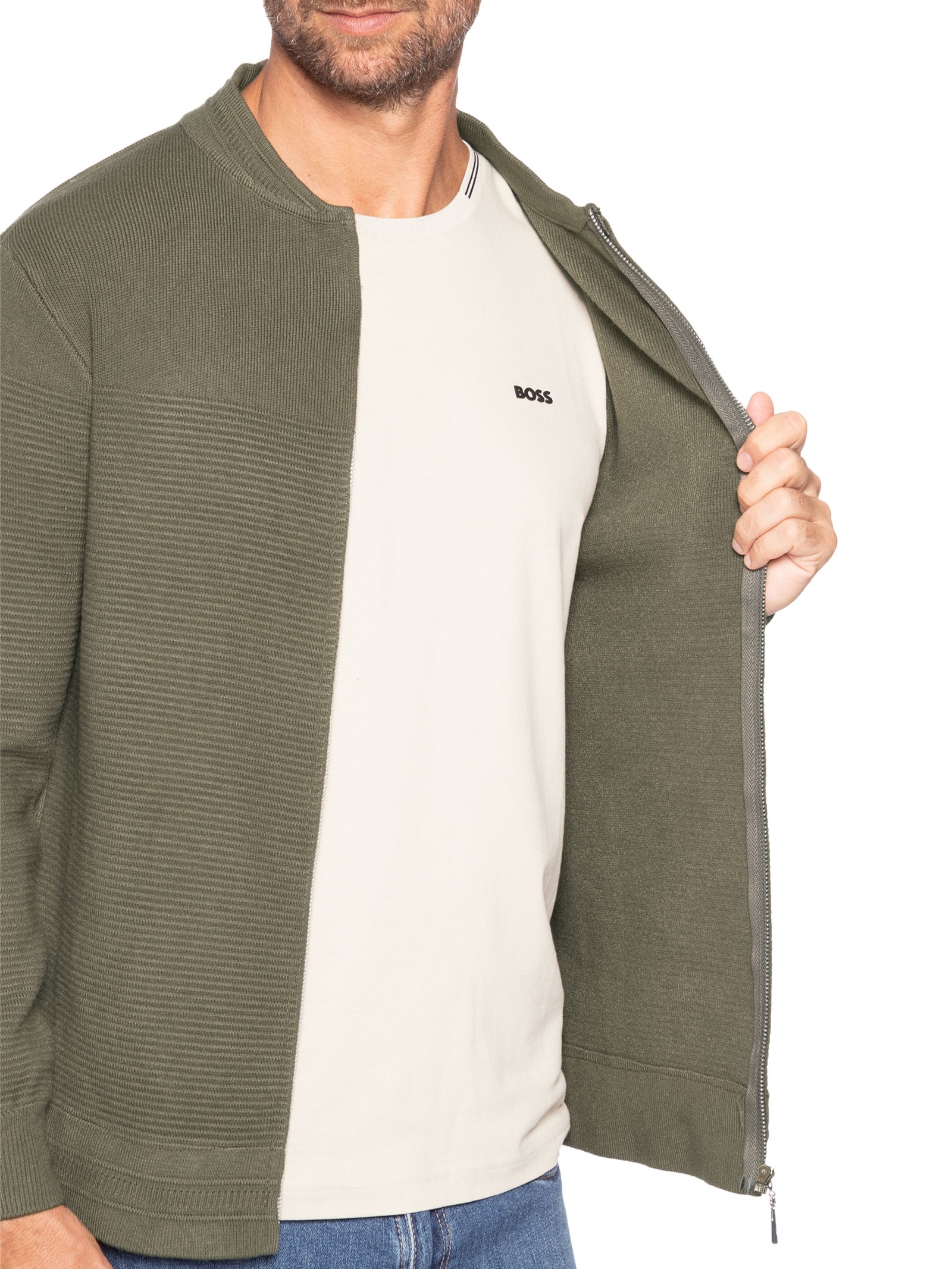 Suéter Masculino Com Zíper Texturizado – Verde '2 Essential