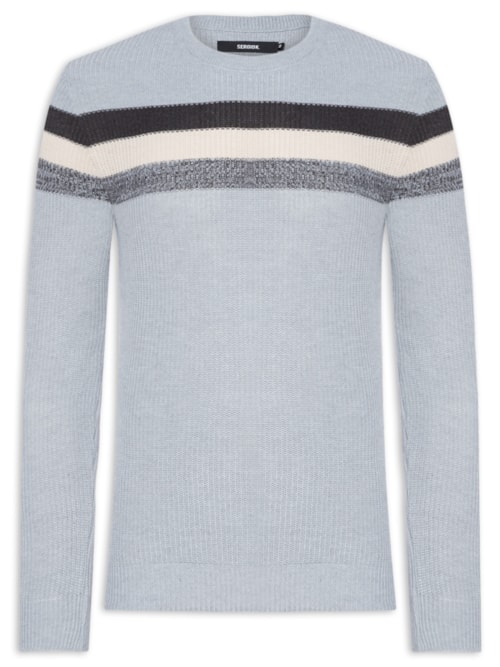Suéter Masculino Faixas Tricolor Em Tricot – Azul
