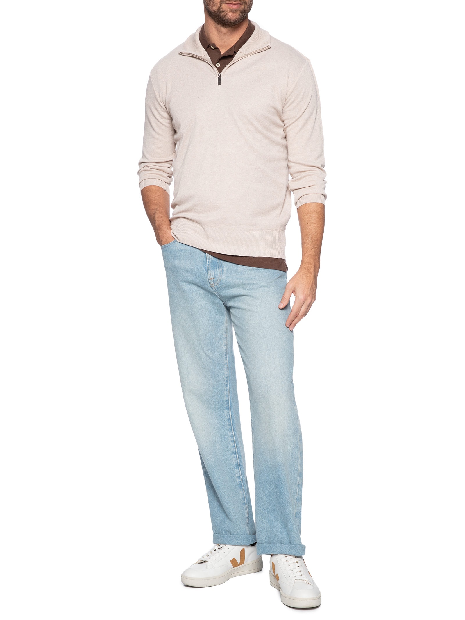 Suéter Masculino Gola Alta Com Meio Zíper Bege Basiq Men