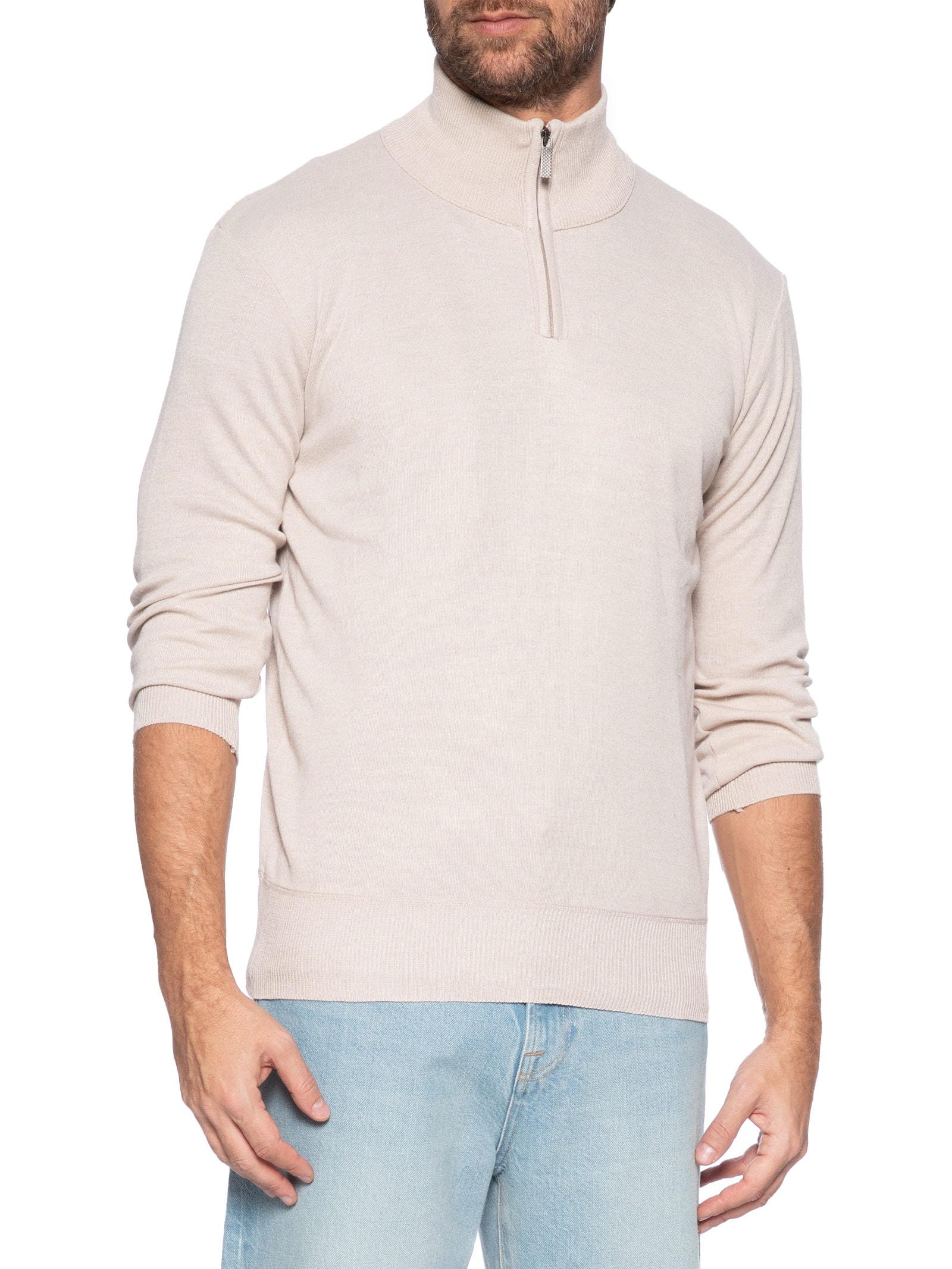 Suéter Masculino Gola Alta Com Meio Zíper Bege Basiq Men