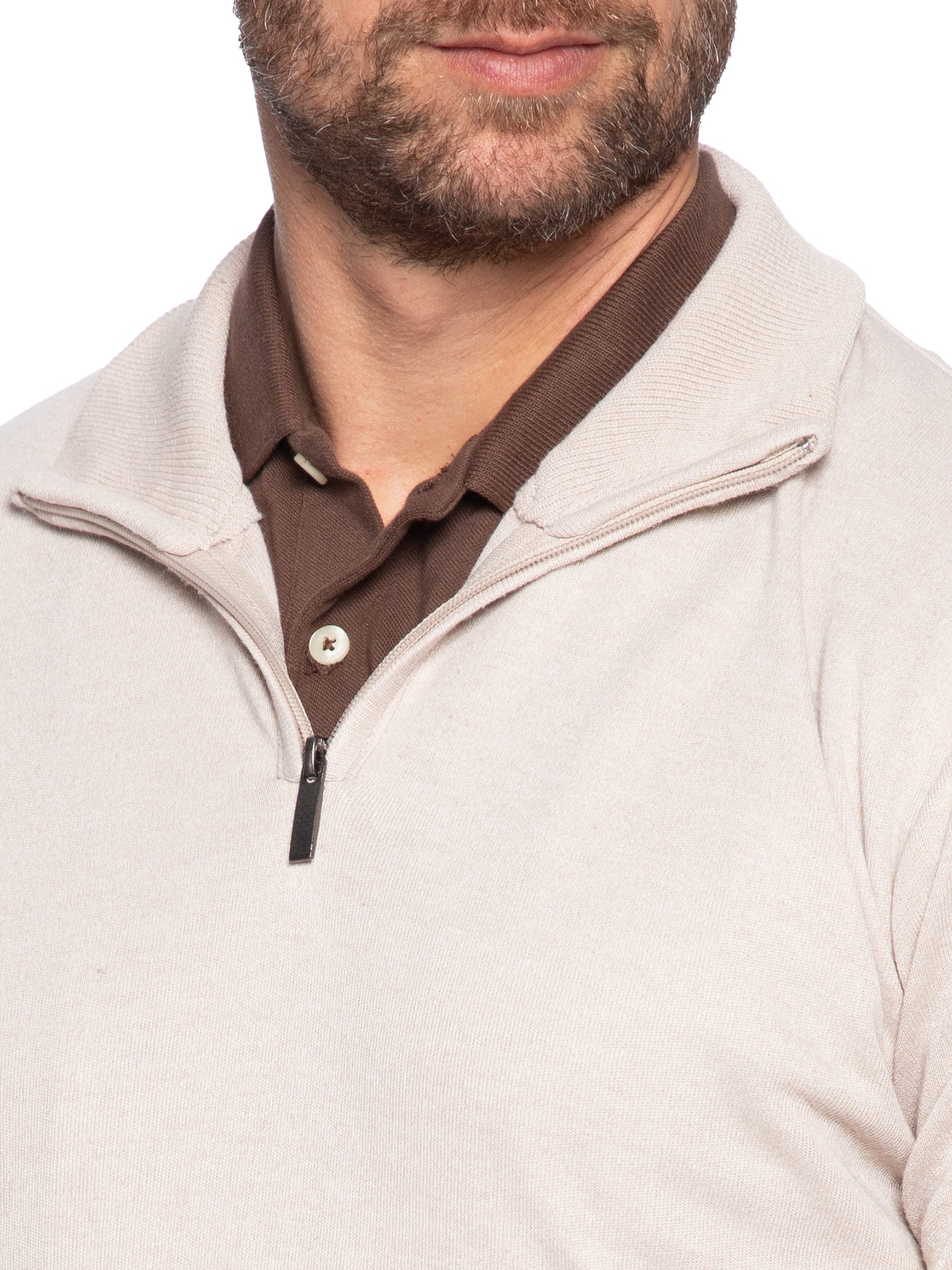 Suéter Masculino Gola Alta Com Meio Zíper Bege Basiq Men