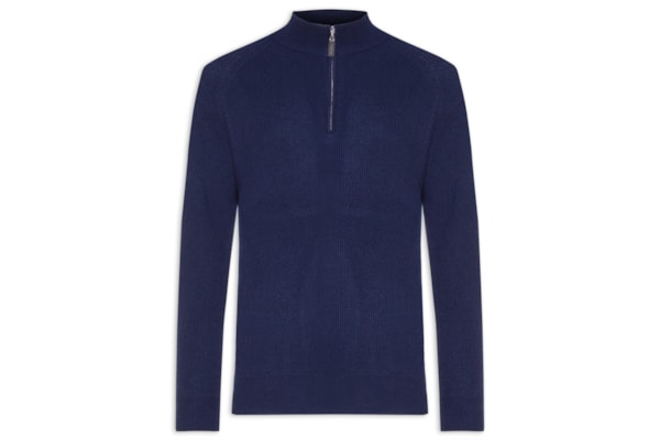 Suéter Masculino Gola Alta Com Meio Zíper Blend de Lã e Cashmere - Azul