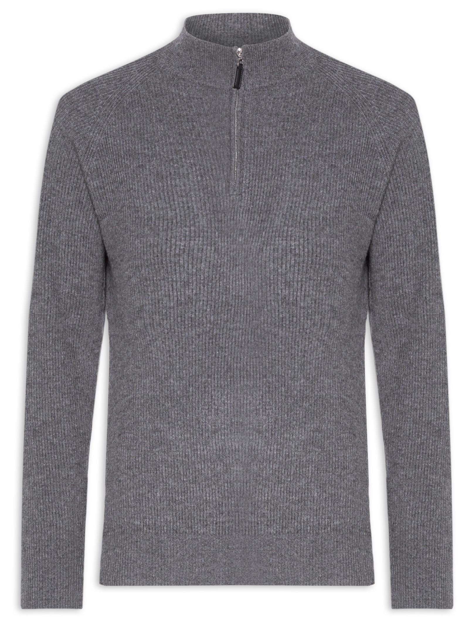 Suéter Masculino Gola Alta Com Meio Zíper Blend de Lã e Cashmere Cinza '2 Essential