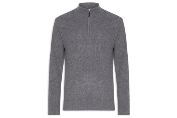 Suéter Masculino Gola Alta Com Meio Zíper Blend de Lã e Cashmere - Cinza