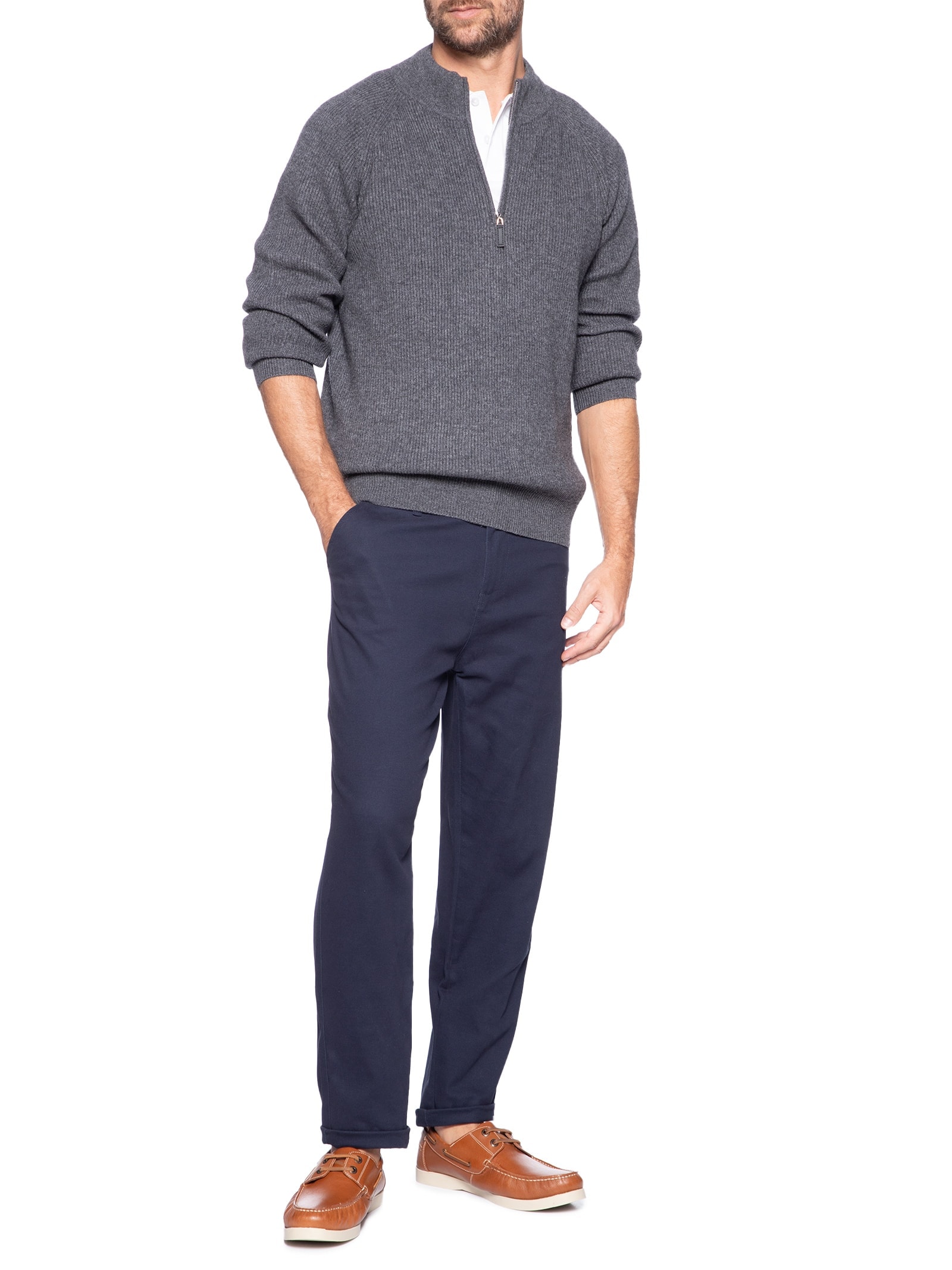 Suéter Masculino Gola Alta Com Meio Zíper Blend de Lã e Cashmere Cinza '2 Essential