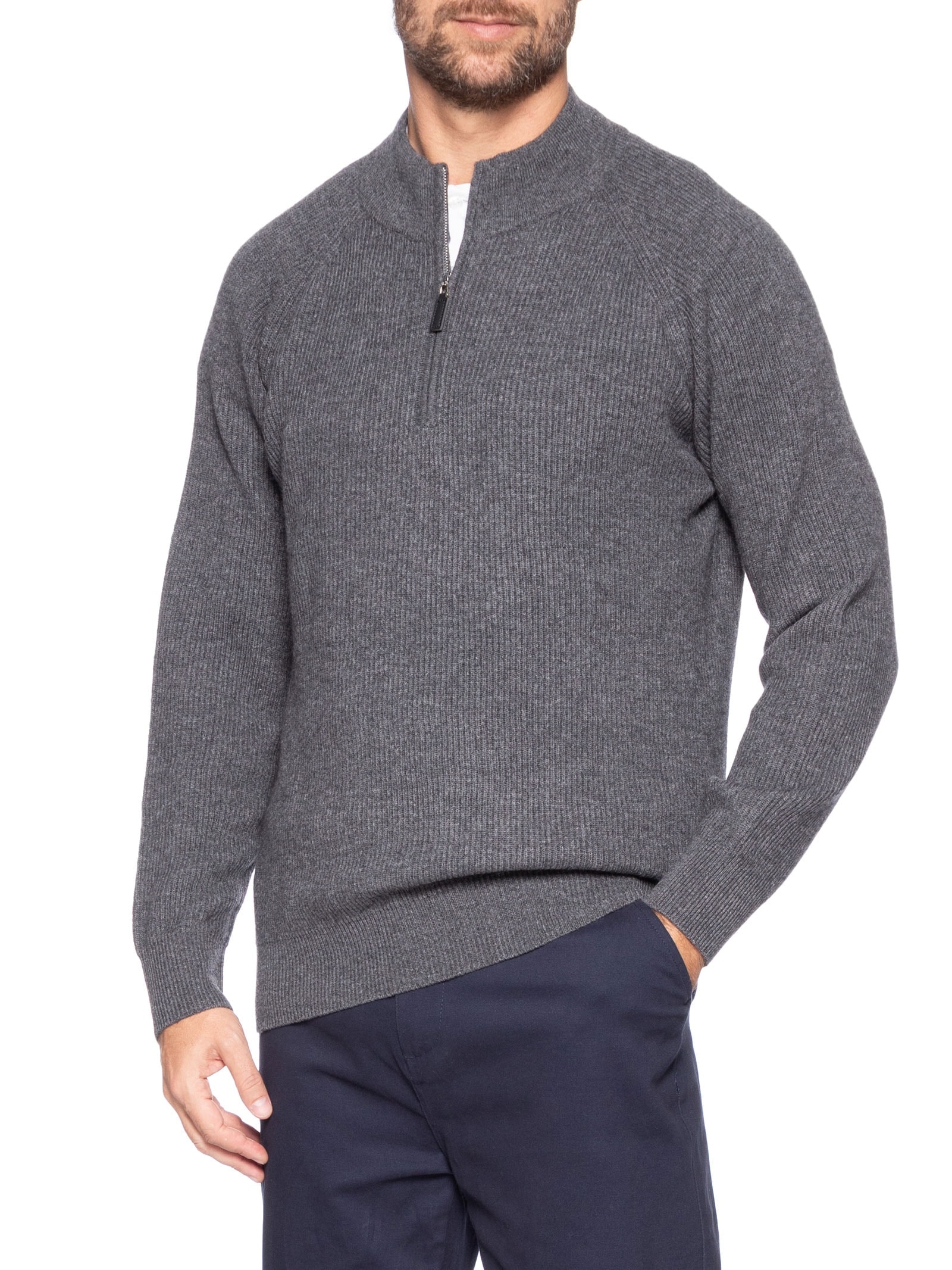 Suéter Masculino Gola Alta Com Meio Zíper Blend de Lã e Cashmere Cinza '2 Essential