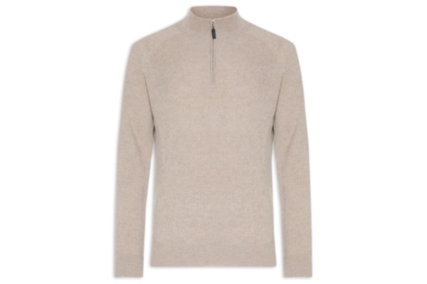 Suéter Masculino Gola Alta Com Meio Zíper Blend de Lã e Cashmere - Marrom