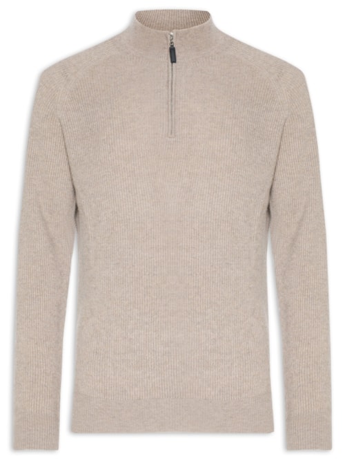 Suéter Masculino Gola Alta Com Meio Zíper Blend de Lã e Cashmere - Marrom