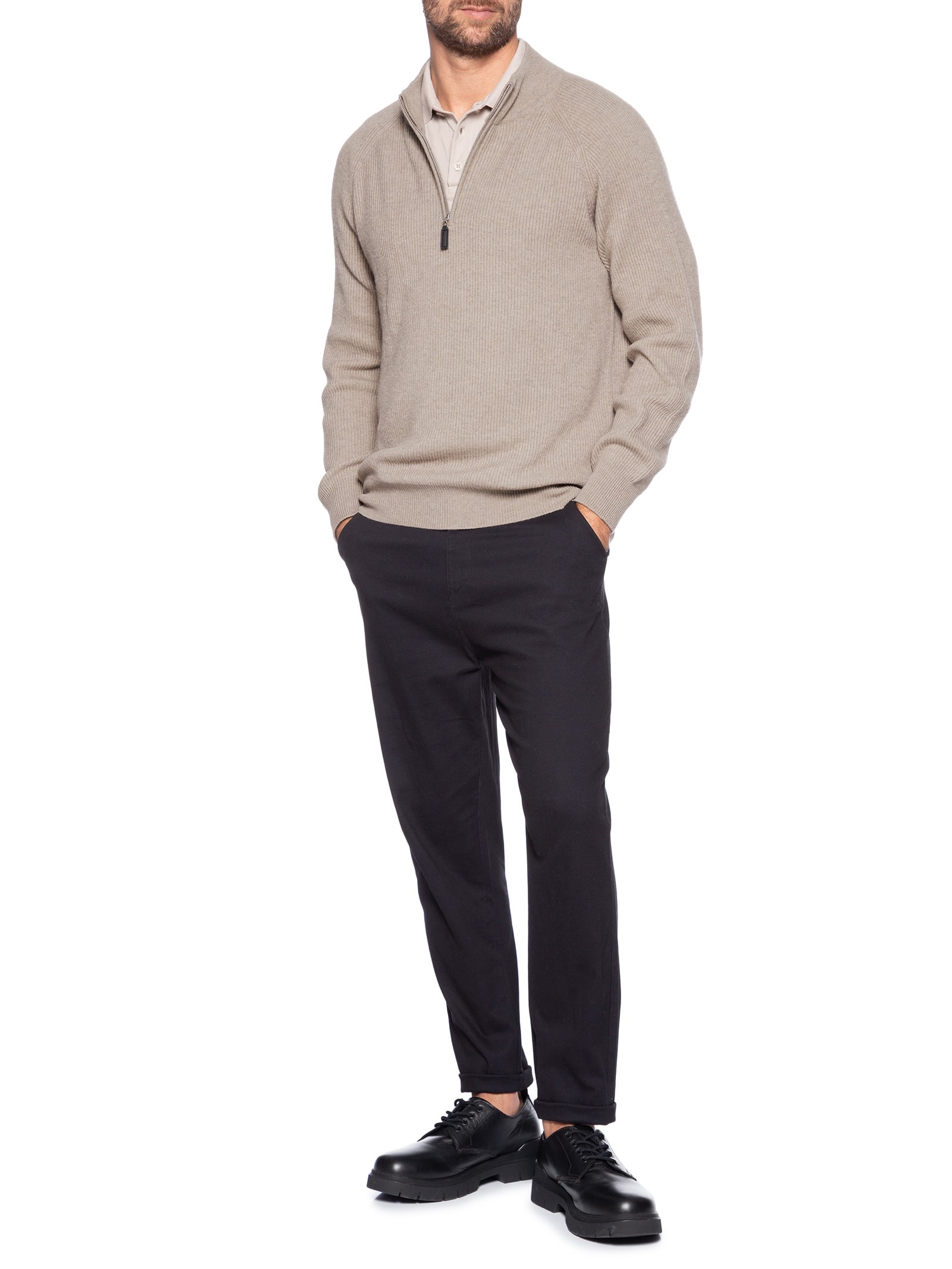 Suéter Masculino Gola Alta Com Meio Zíper Blend de Lã e Cashmere Marrom '2 Essential