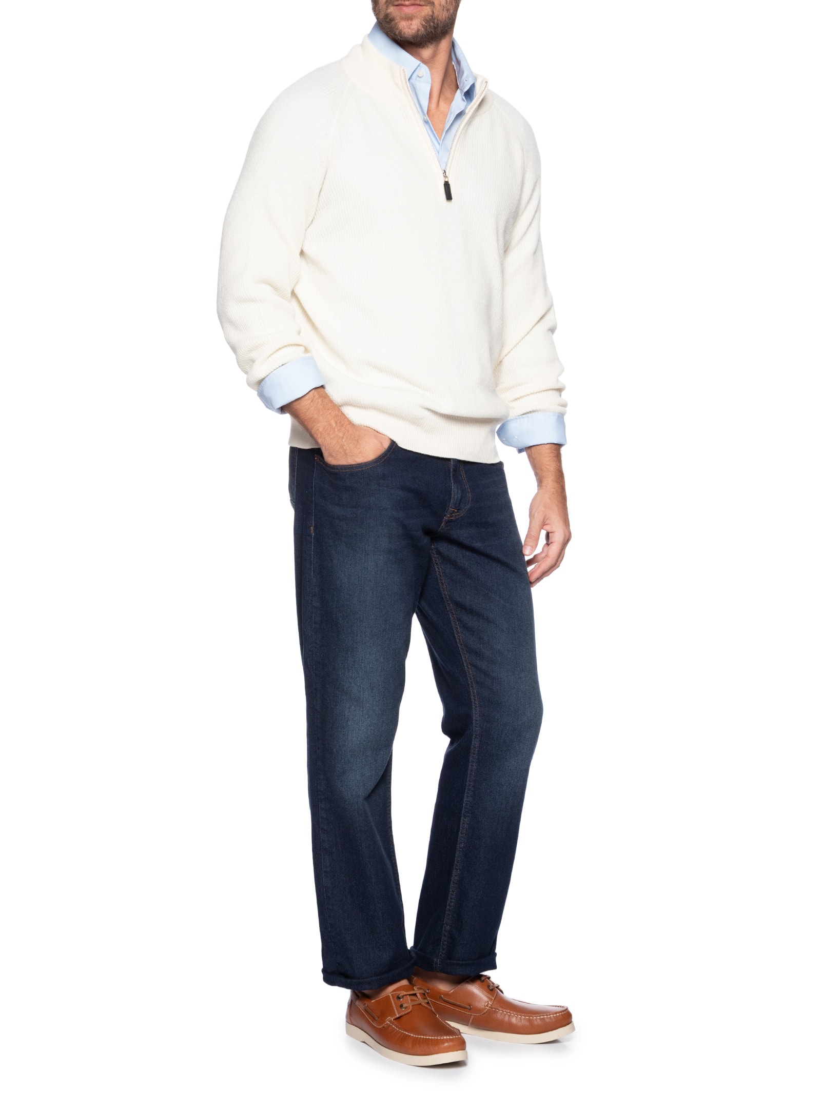 Suéter Masculino Gola Alta Com Meio Zíper Blend de Lã e Cashmere Off White '2 Essential