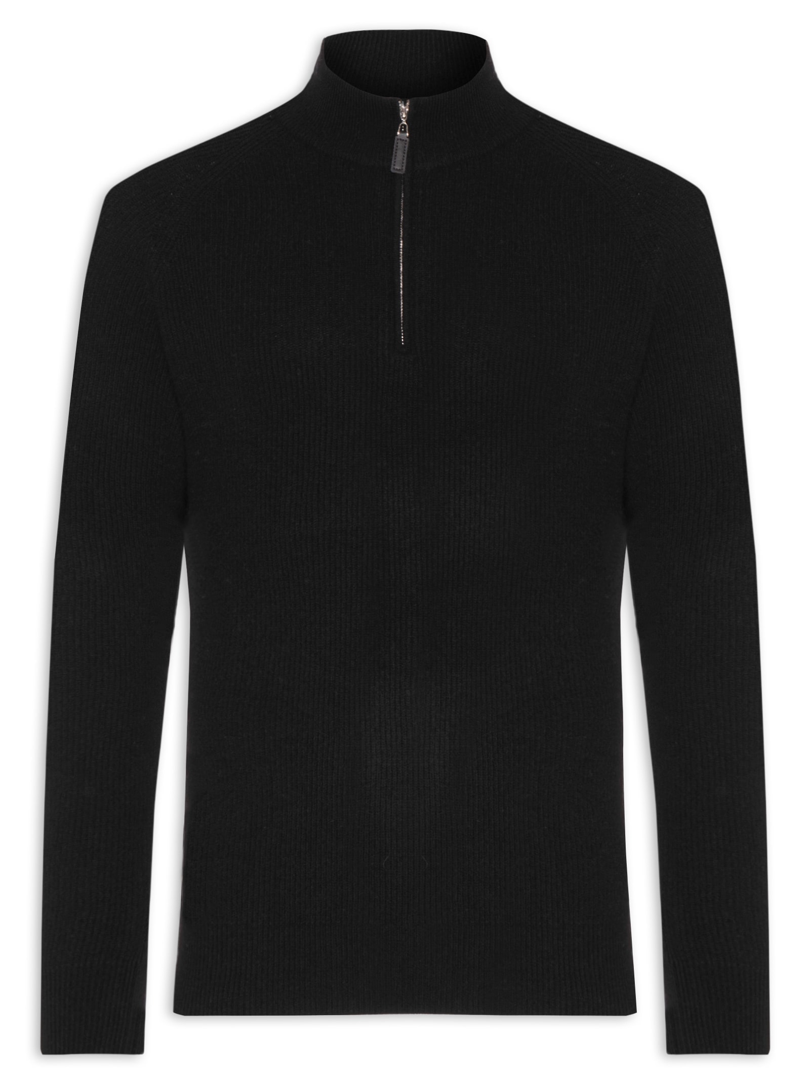 Suéter Masculino Gola Alta Com Meio Zíper Blend de Lã e Cashmere Preto '2 Essential