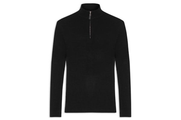 Suéter Masculino Gola Alta Com Meio Zíper Blend de Lã e Cashmere - Preto