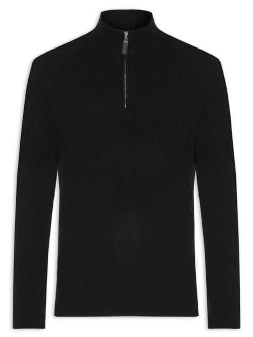 Suéter Masculino Gola Alta Com Meio Zíper Blend de Lã e Cashmere - Preto