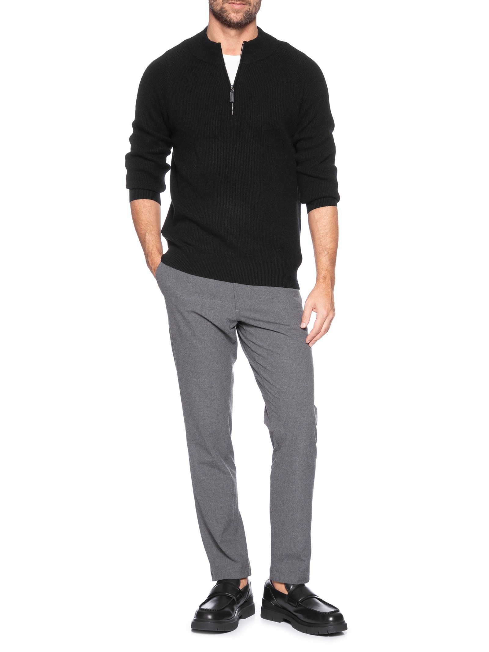 Suéter Masculino Gola Alta Com Meio Zíper Blend de Lã e Cashmere Preto '2 Essential