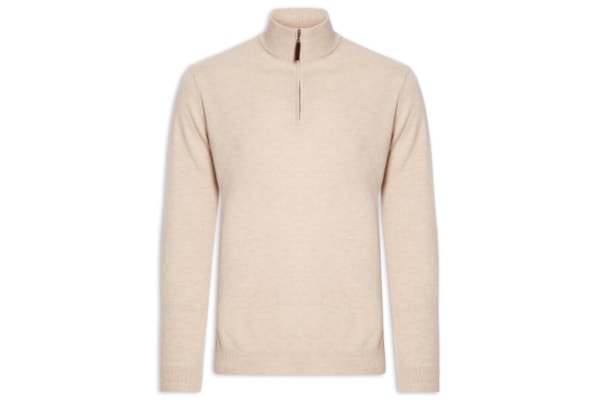 Suéter Masculino Gola Alta Com Meio Zíper Puro Cashmere - Bege