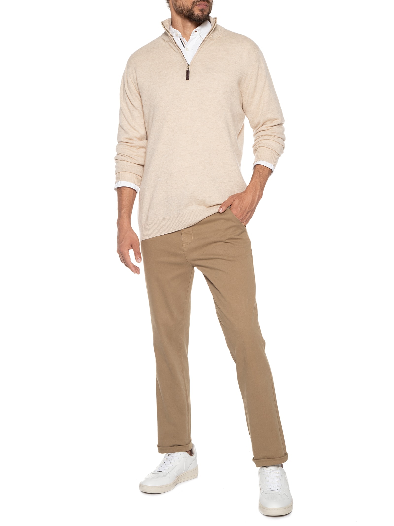 Suéter Masculino Gola Alta Com Meio Zíper Puro Cashmere Bege '2 Essential