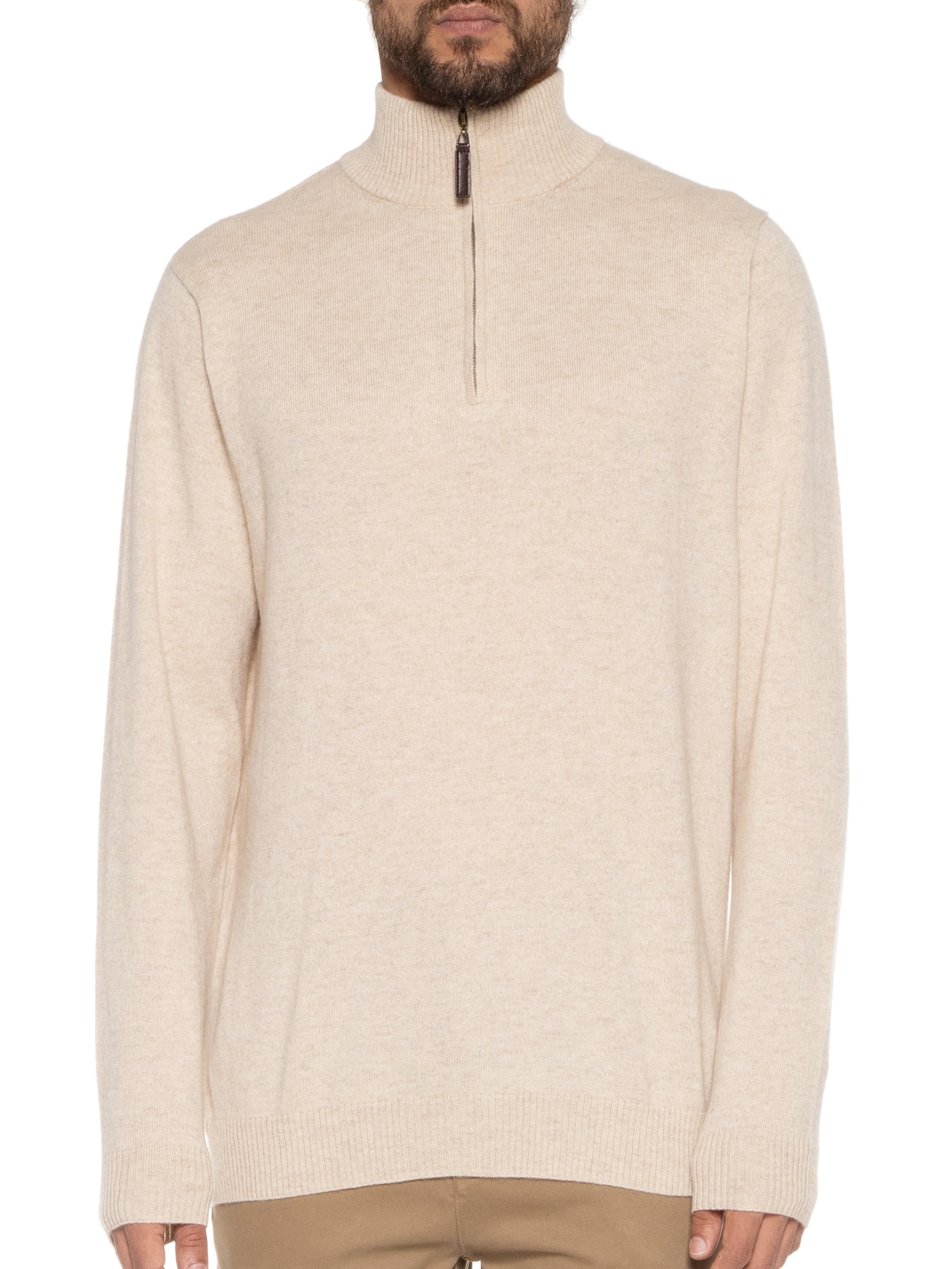 Suéter Masculino Gola Alta Com Meio Zíper Puro Cashmere Bege '2 Essential