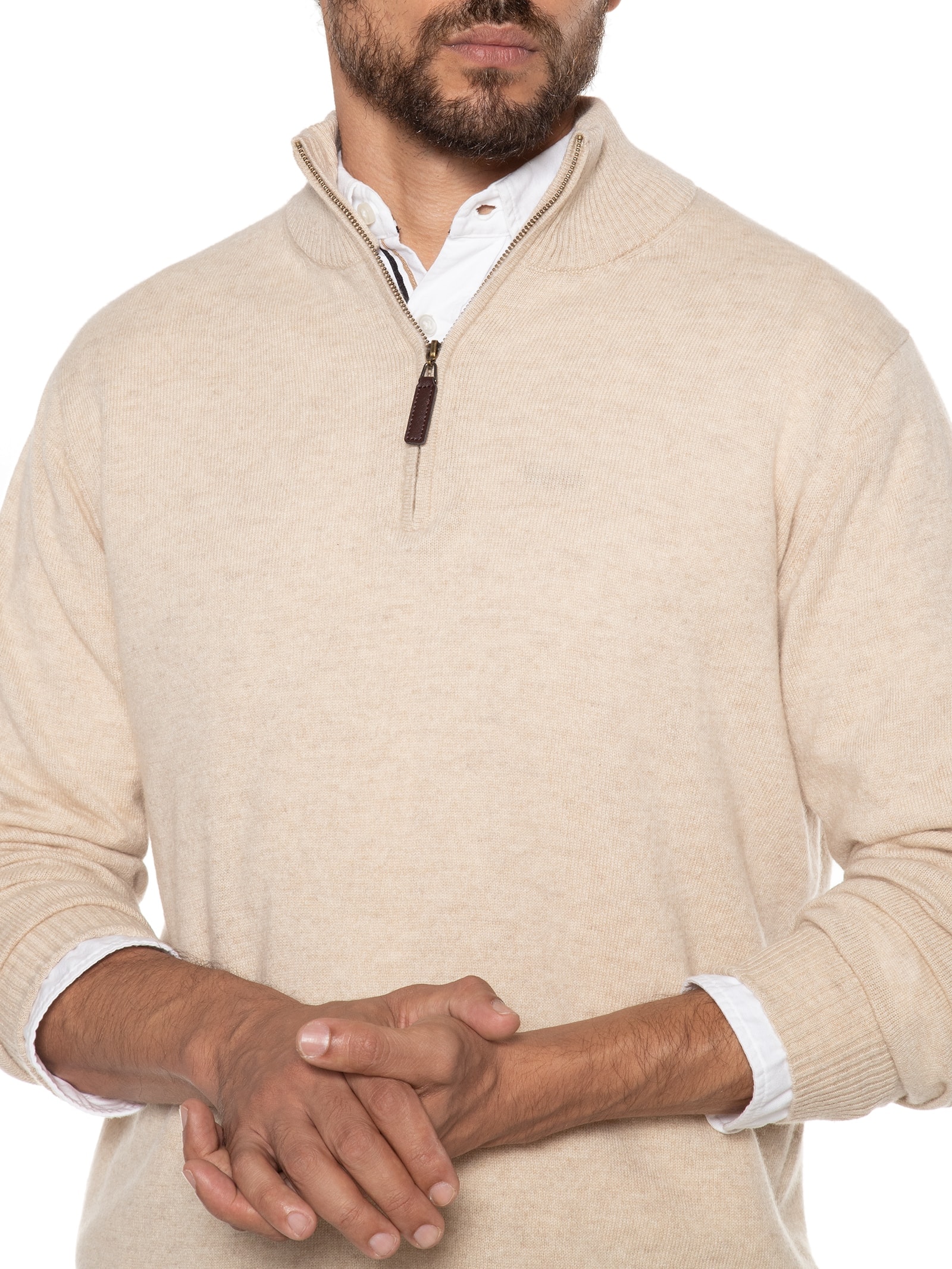 Suéter Masculino Gola Alta Com Meio Zíper Puro Cashmere Bege '2 Essential