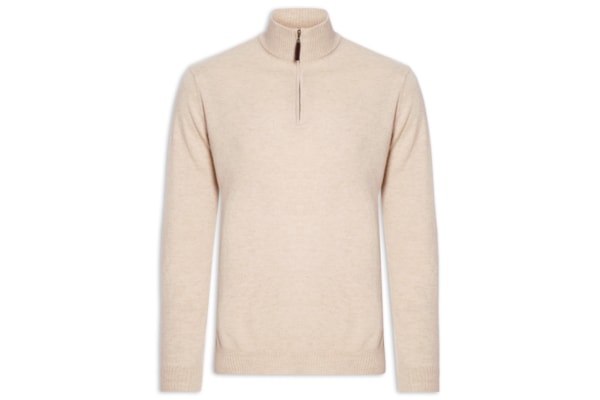 Suéter Masculino Gola Alta Com Meio Zíper Puro Cashmere - Bege
