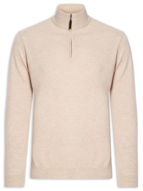 Suéter Masculino Gola Alta Com Meio Zíper Puro Cashmere – Bege