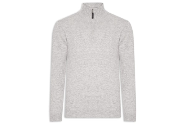 Suéter Masculino Gola Alta Com Meio Zíper Puro Cashmere - Cinza
