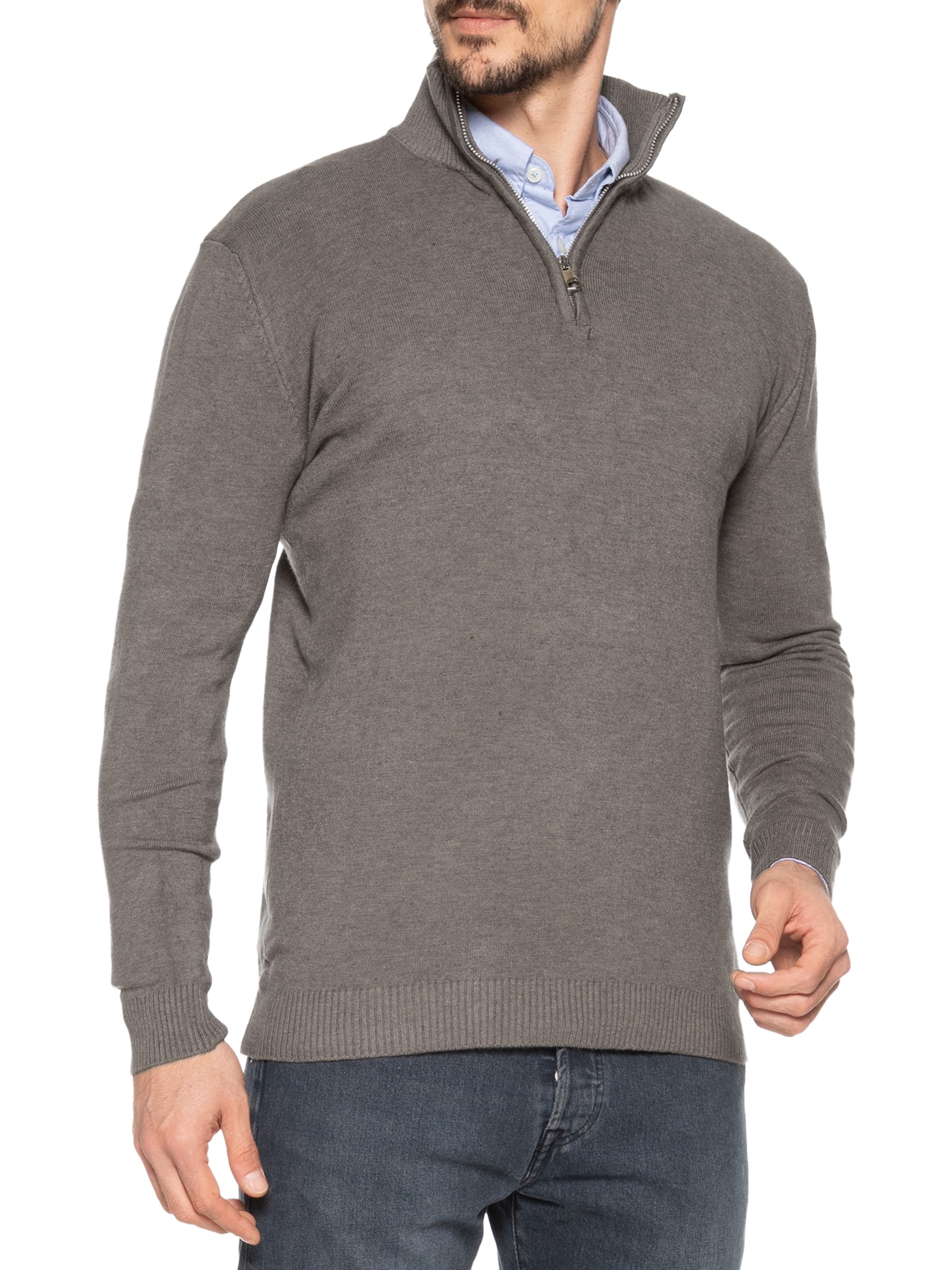 2 Essential - Suéter Masculino Gola Alta Meio Zíper - Bege