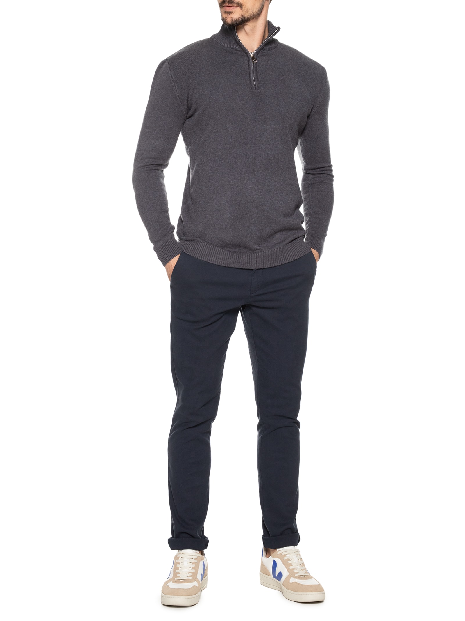 2 Essential - Suéter Masculino Gola Alta Meio Zíper - Cinza