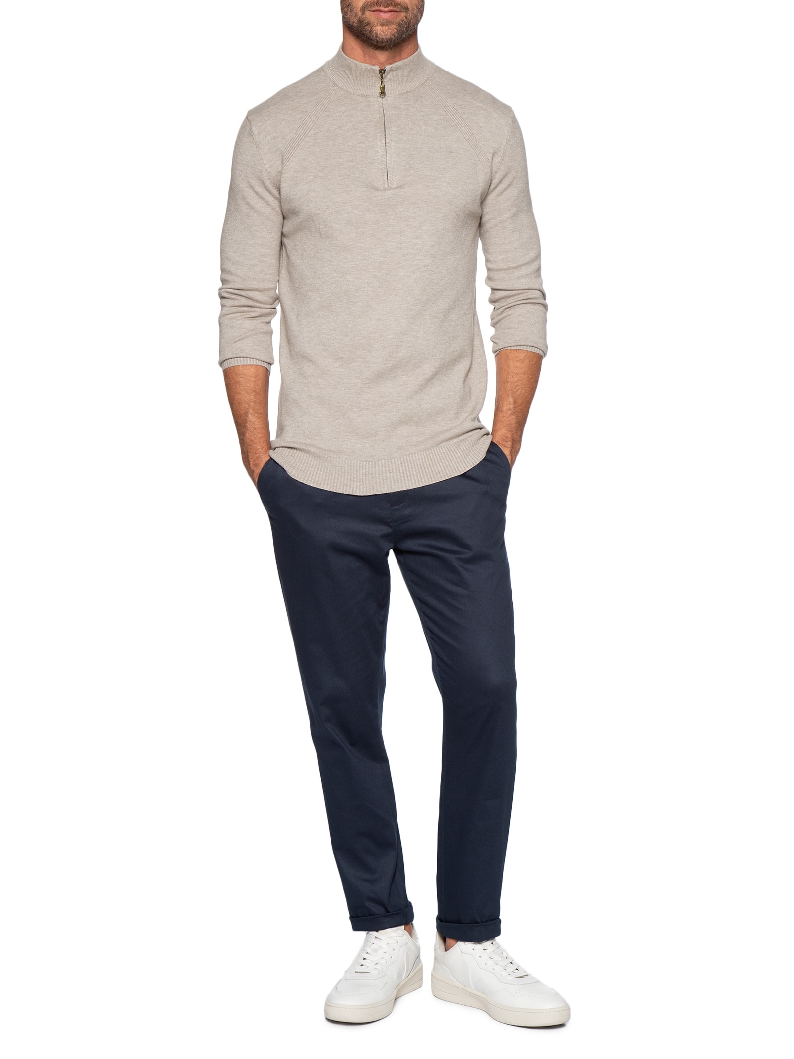 Suéter Masculino Gola Alta Meio Zíper Cinza '2 Essential