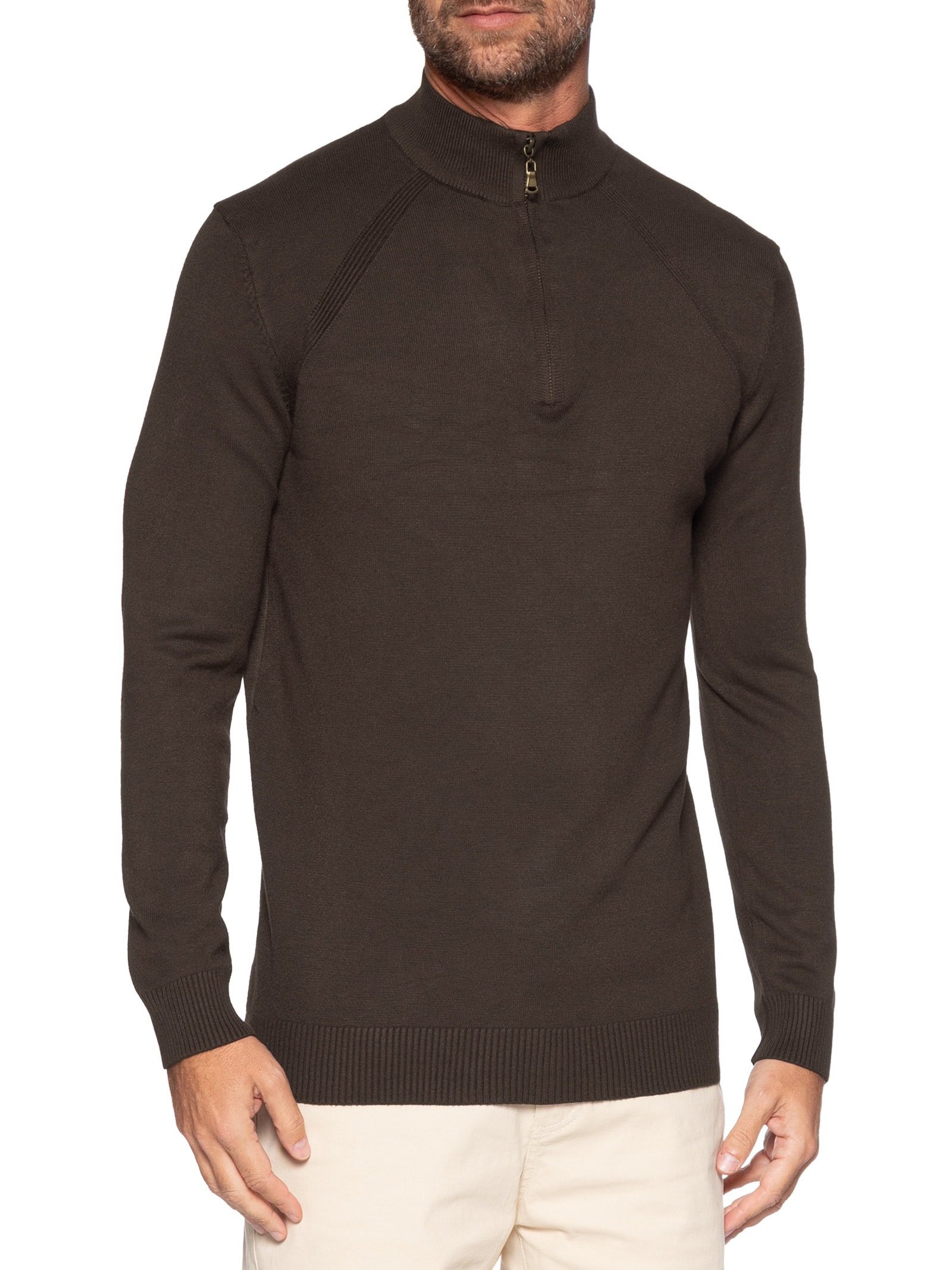 Suéter Masculino Gola Alta Meio Zíper Marrom '2 Essential