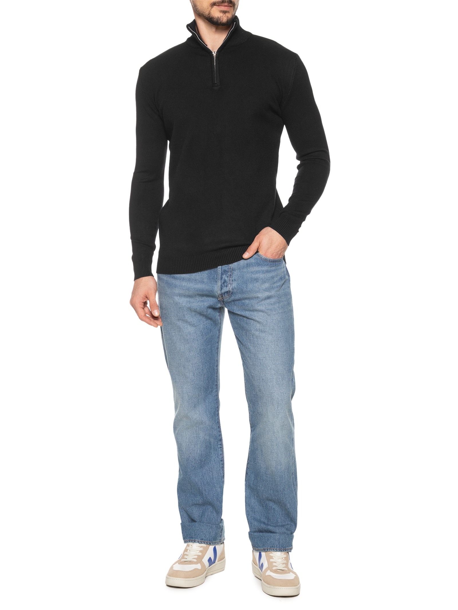 2 Essential - Suéter Masculino Gola Alta Meio Zíper - Preto