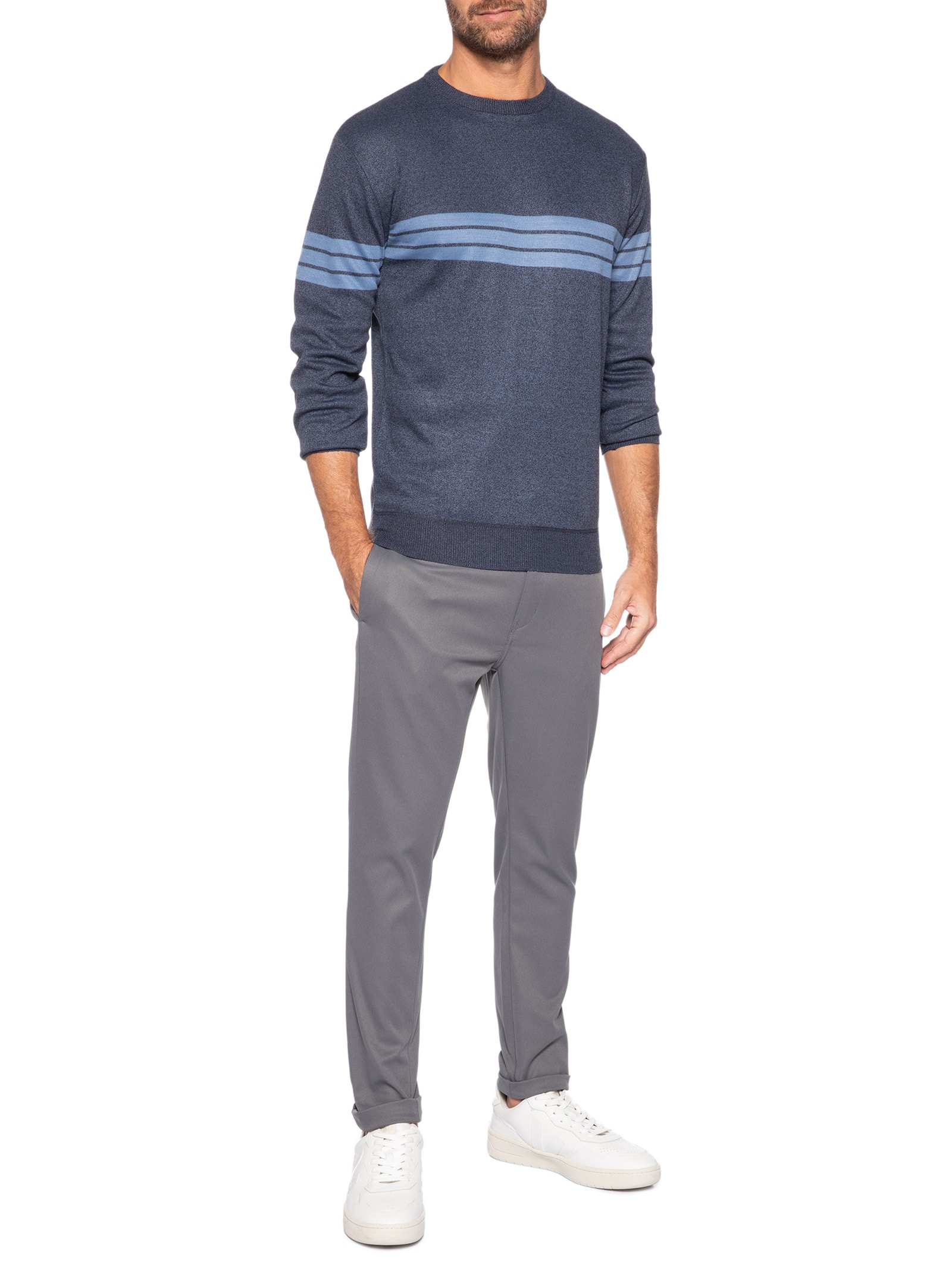 Suéter Masculino Gola Careca Listrado Azul '2 Essential