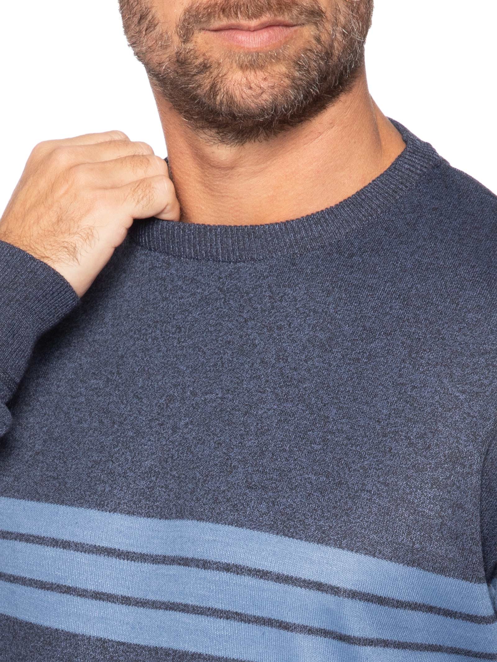 Suéter Masculino Gola Careca Listrado Azul '2 Essential
