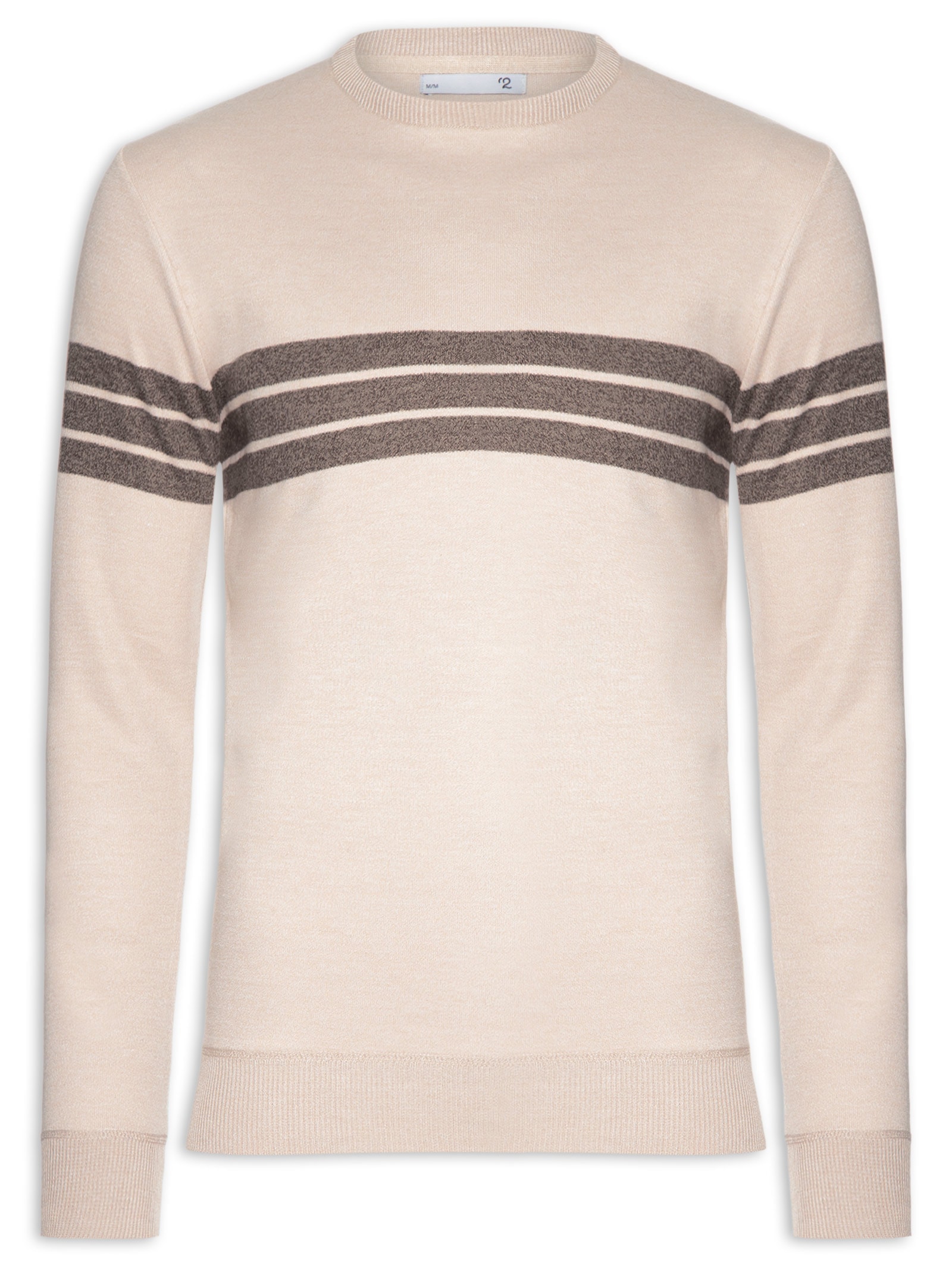 Suéter Masculino Gola Careca Listrado Bege '2 Essential