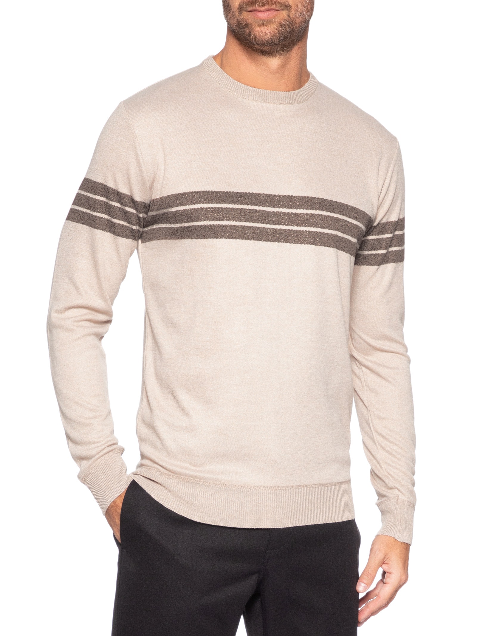 Suéter Masculino Gola Careca Listrado Bege '2 Essential
