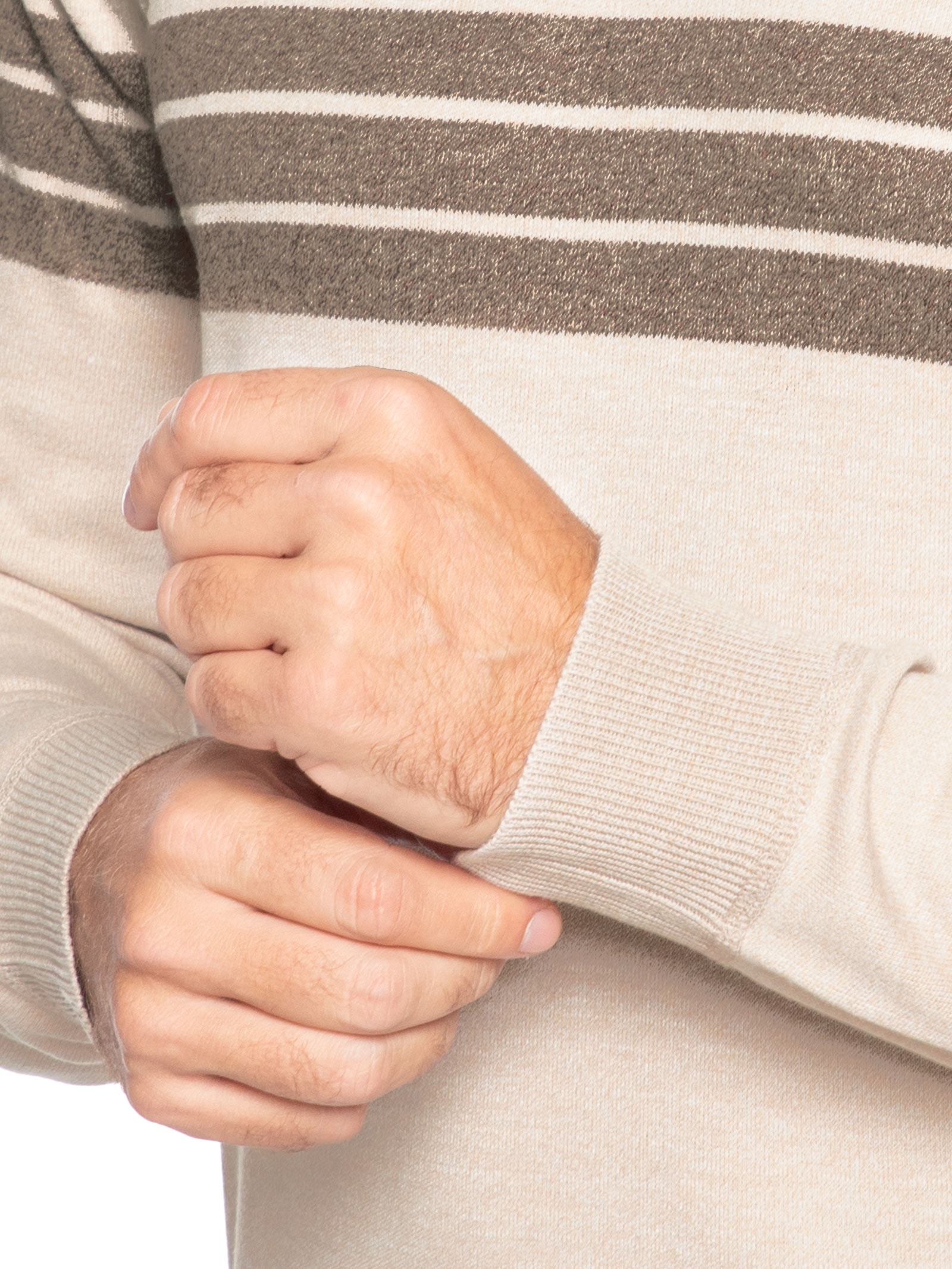 Suéter Masculino Gola Careca Listrado Bege '2 Essential