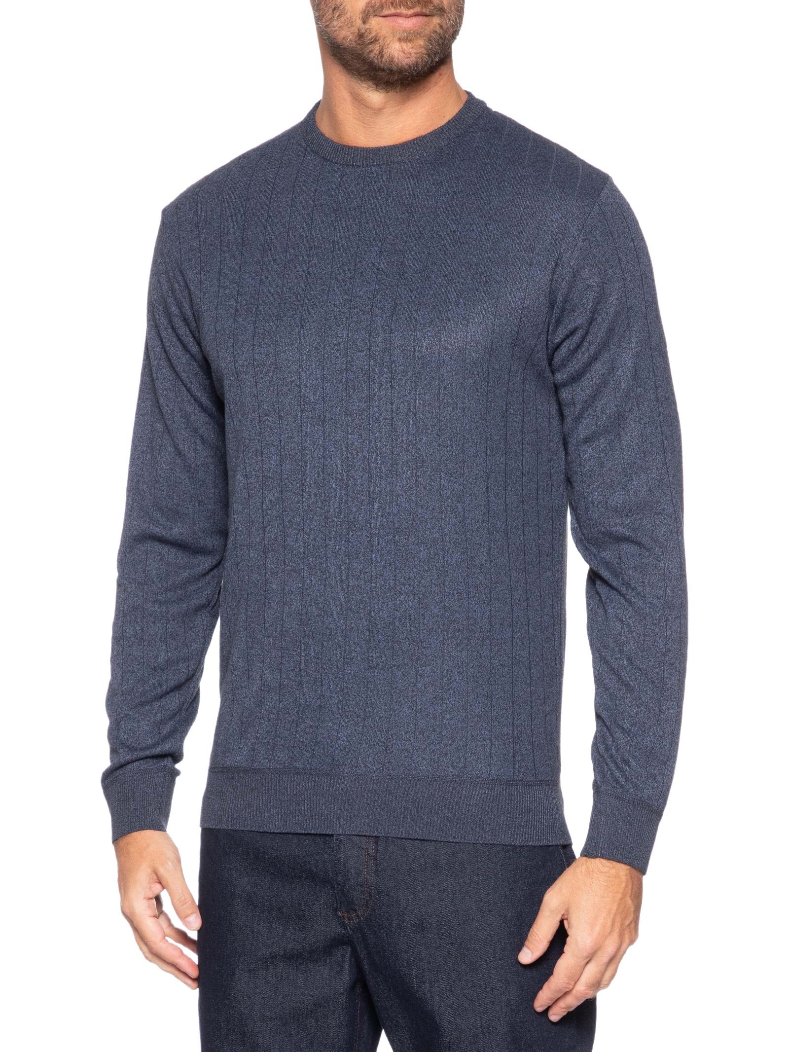 Suéter Masculino Gola Careca Textura Listra Azul '2 Essential