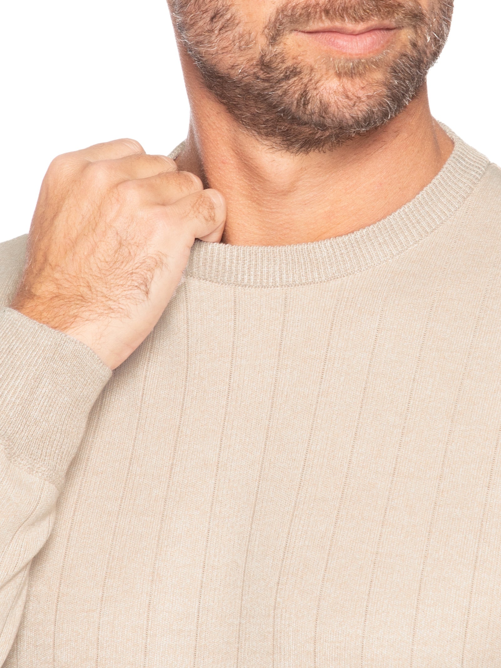 Suéter Masculino Gola Careca Textura Listra Bege '2 Essential