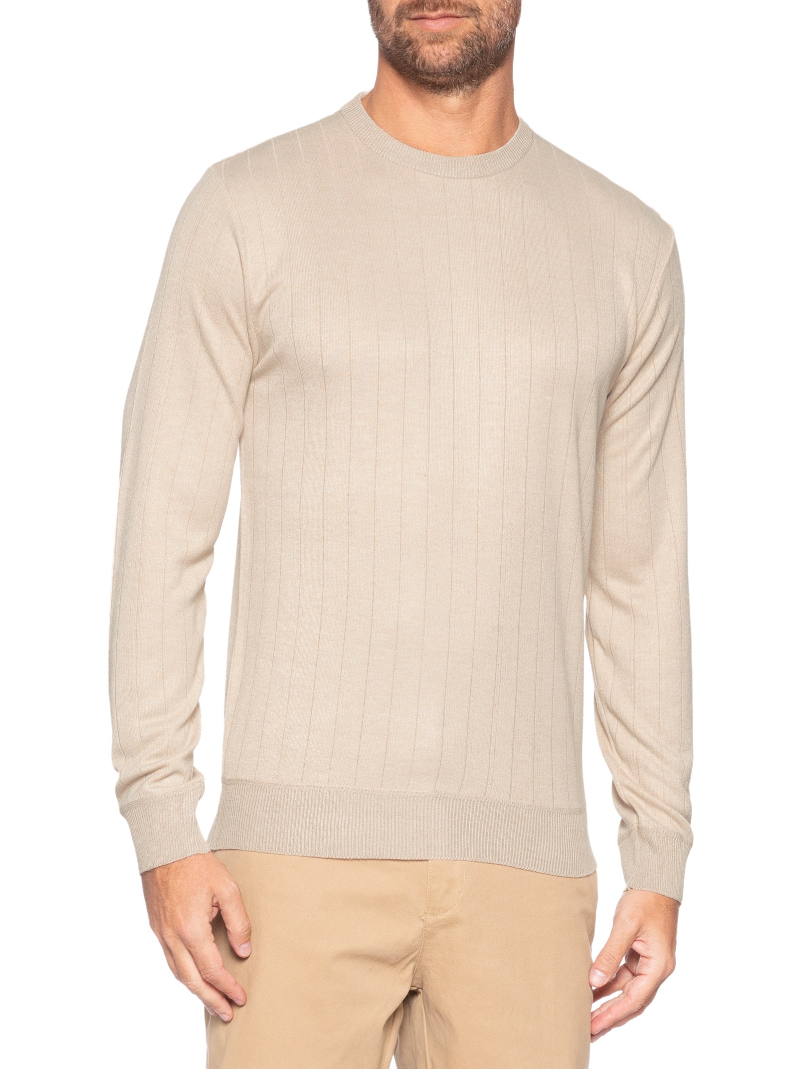 Suéter Masculino Gola Careca Textura Listra Bege '2 Essential