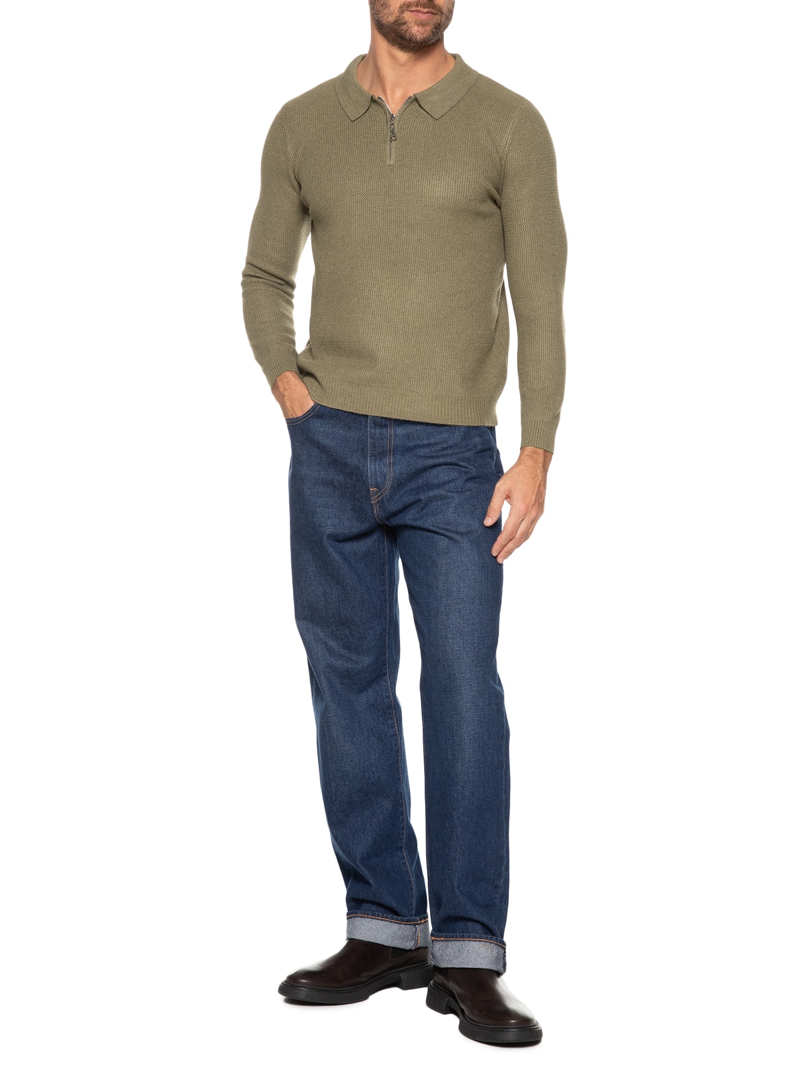 Suéter Masculino Gola Polo Em Modal Verde Basiq Men