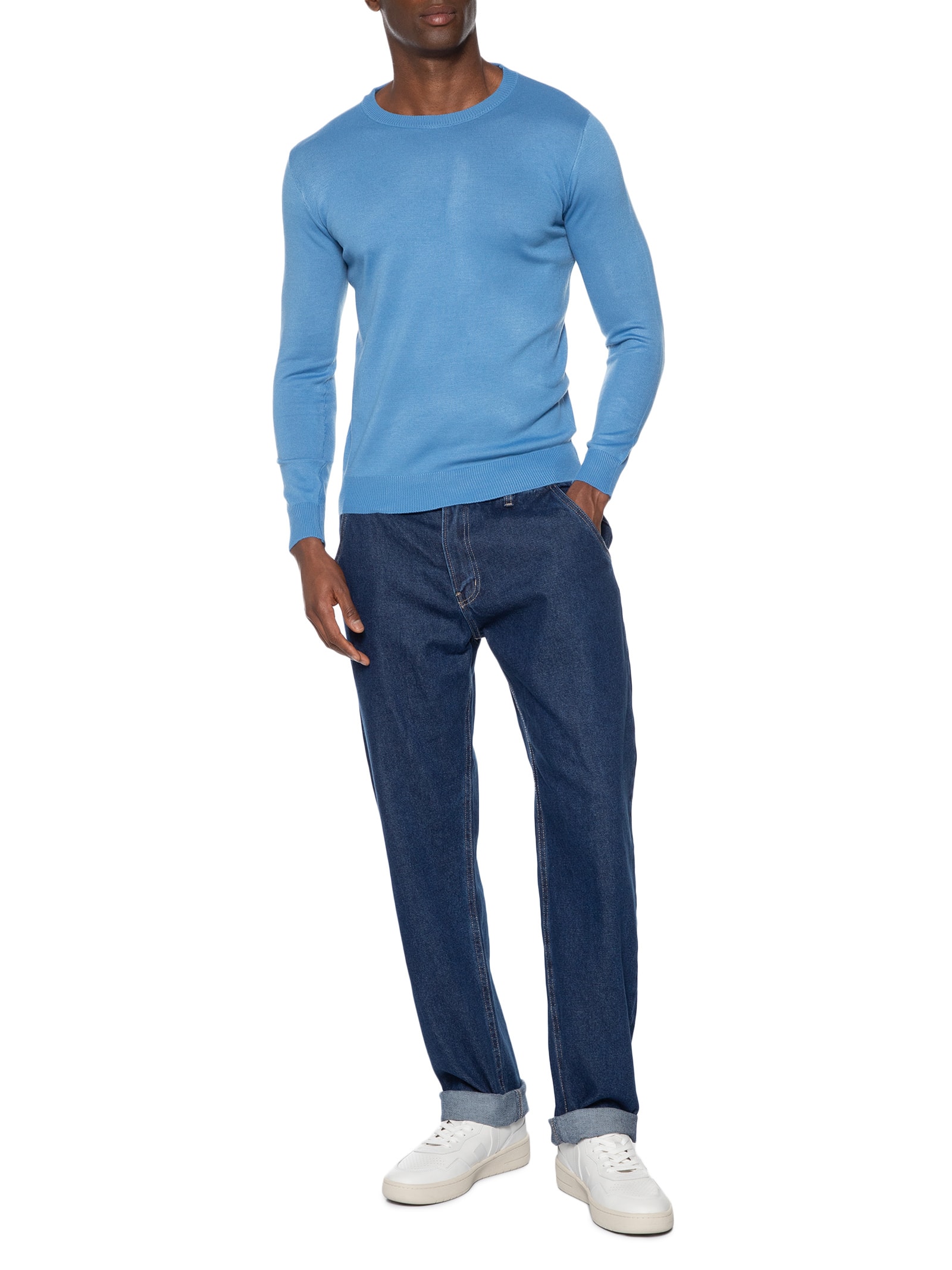 Suéter Masculino Gola Redonda Básico Azul Basiq Men