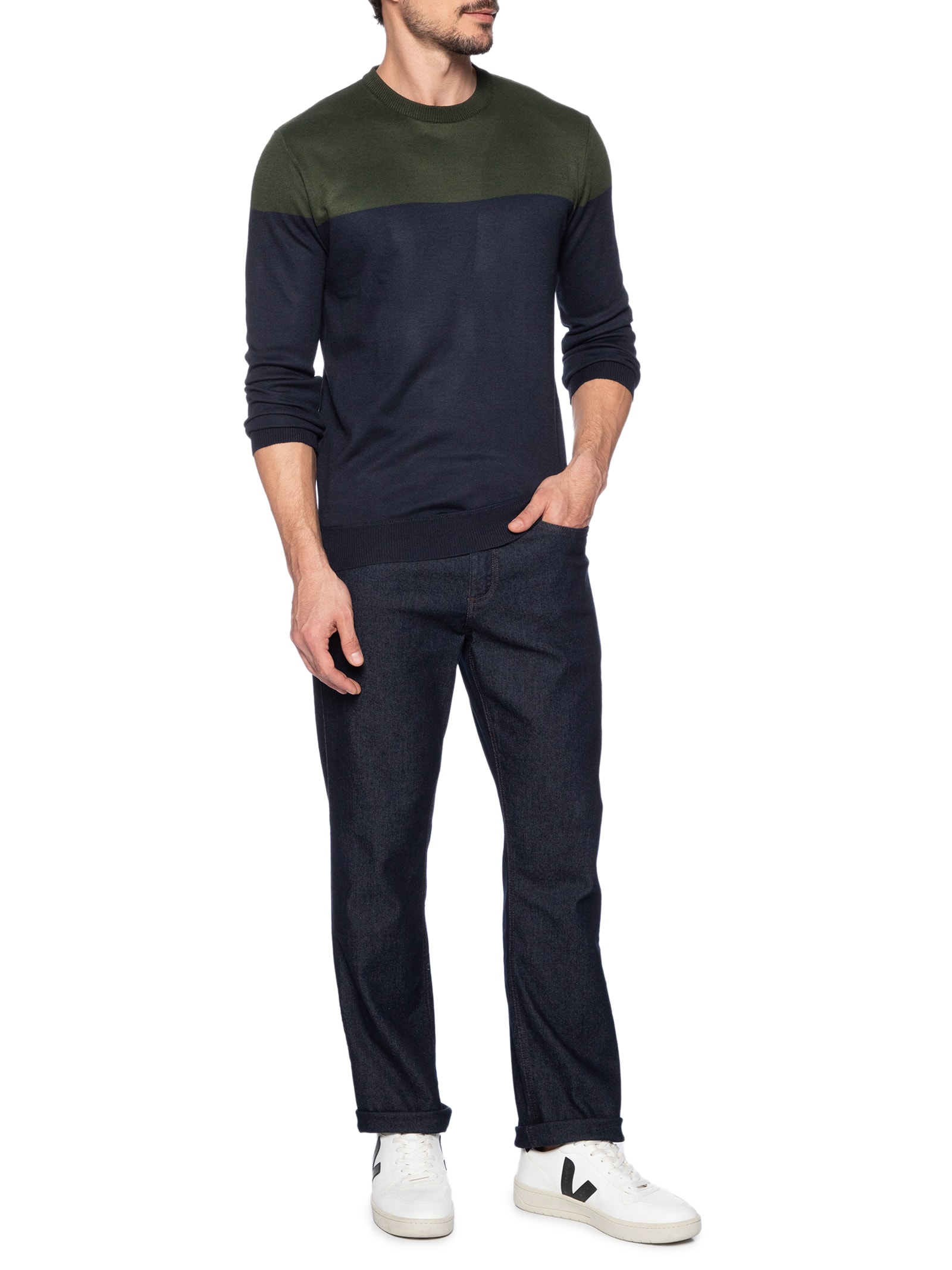 Suéter Masculino Gola Redonda Bicolor Azul '2 Essential