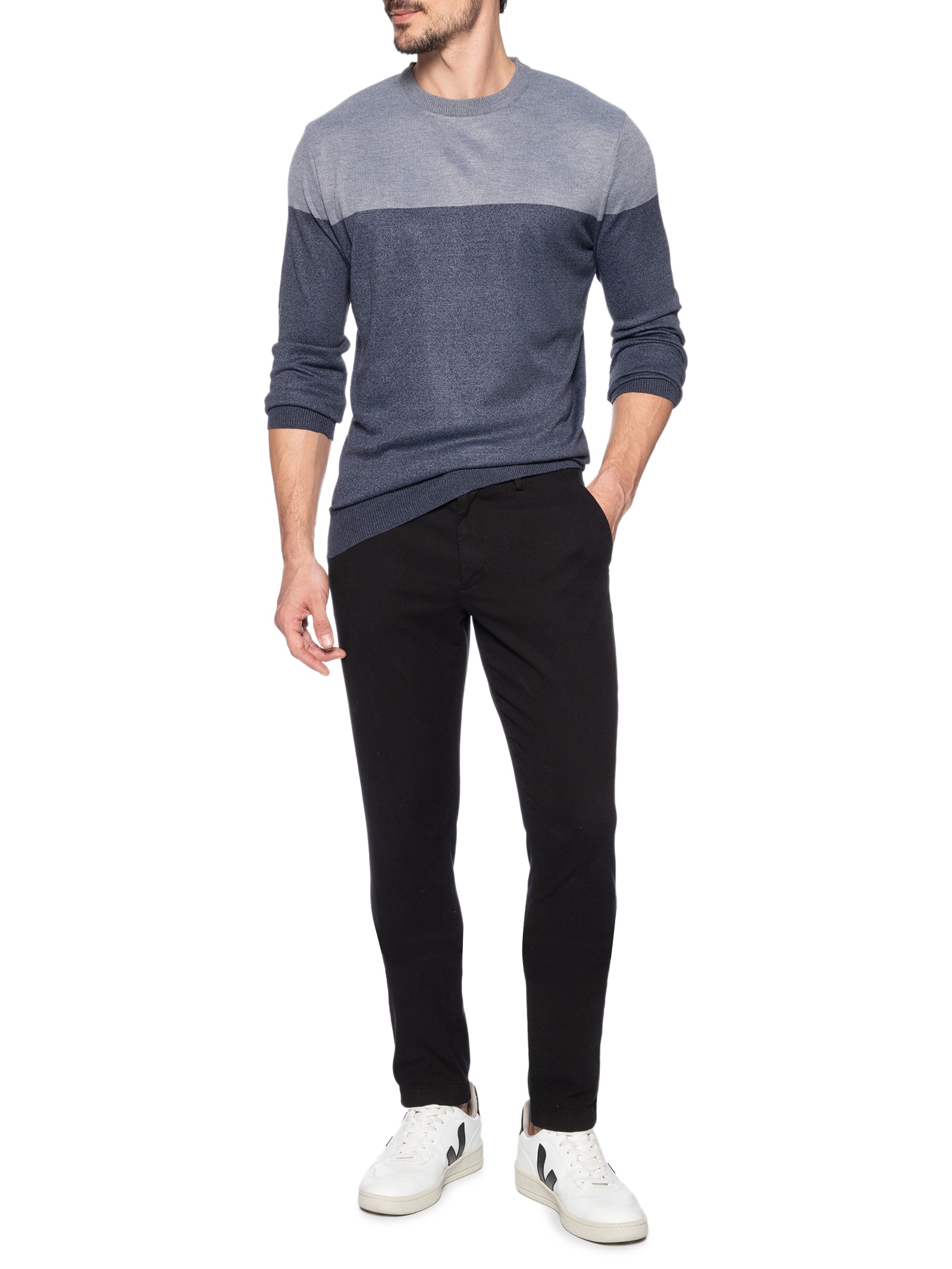 Suéter Masculino Gola Redonda Bicolor Azul '2 Essential