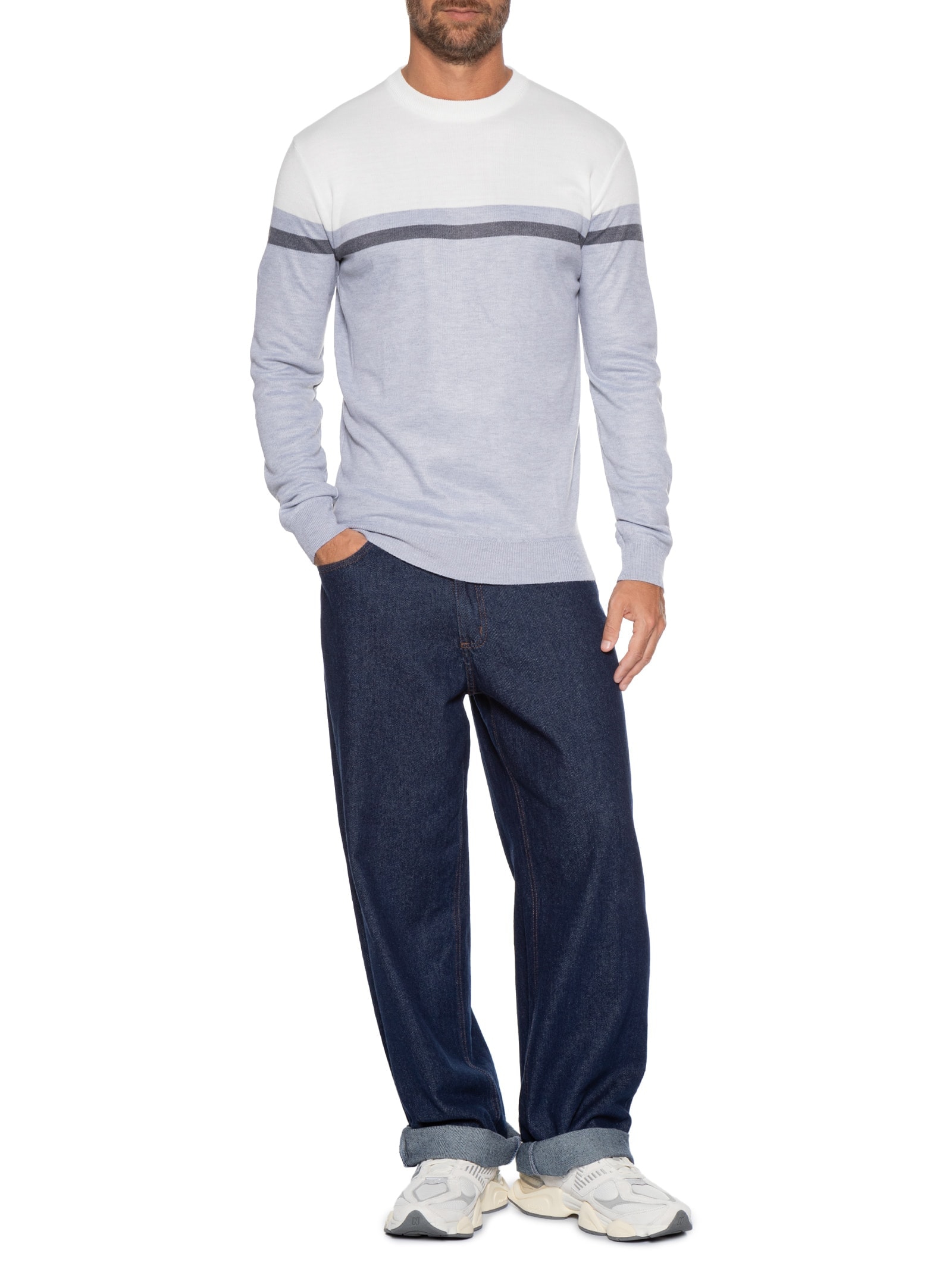 Suéter Masculino Gola Redonda Casual Cinza Basiq Men