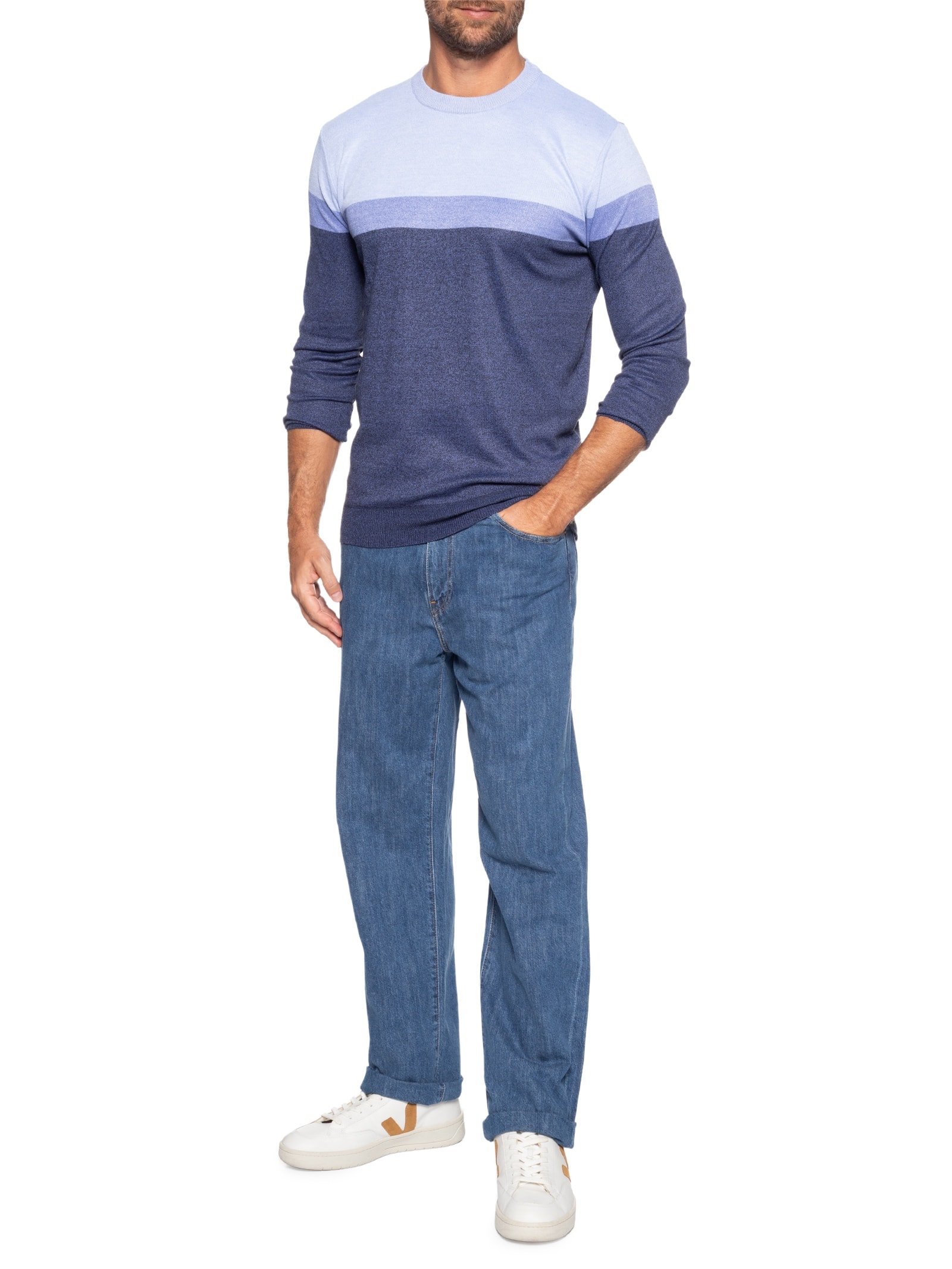 Suéter Masculino Gola Redonda Listra Azul '2 Essential