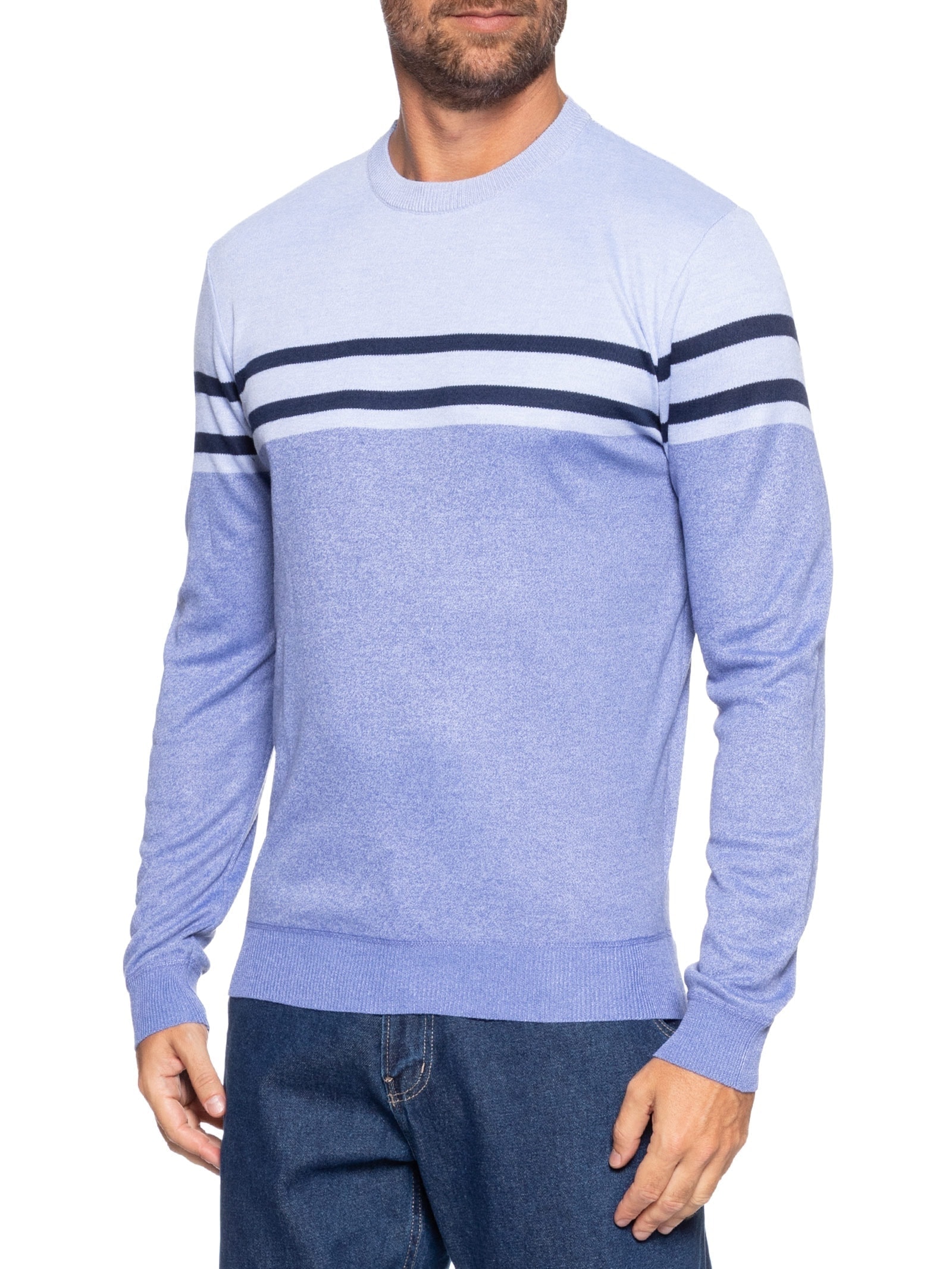 Suéter Masculino Gola Redonda Listra Azul '2 Essential