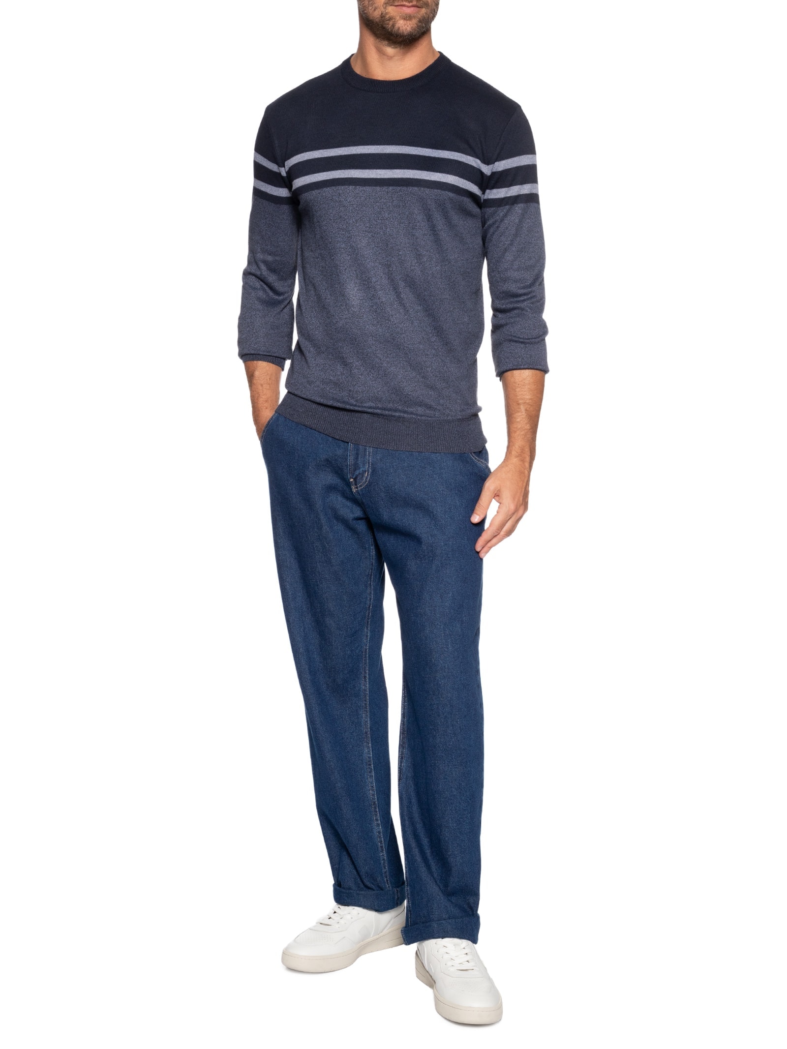 Suéter Masculino Gola Redonda Listra Azul '2 Essential